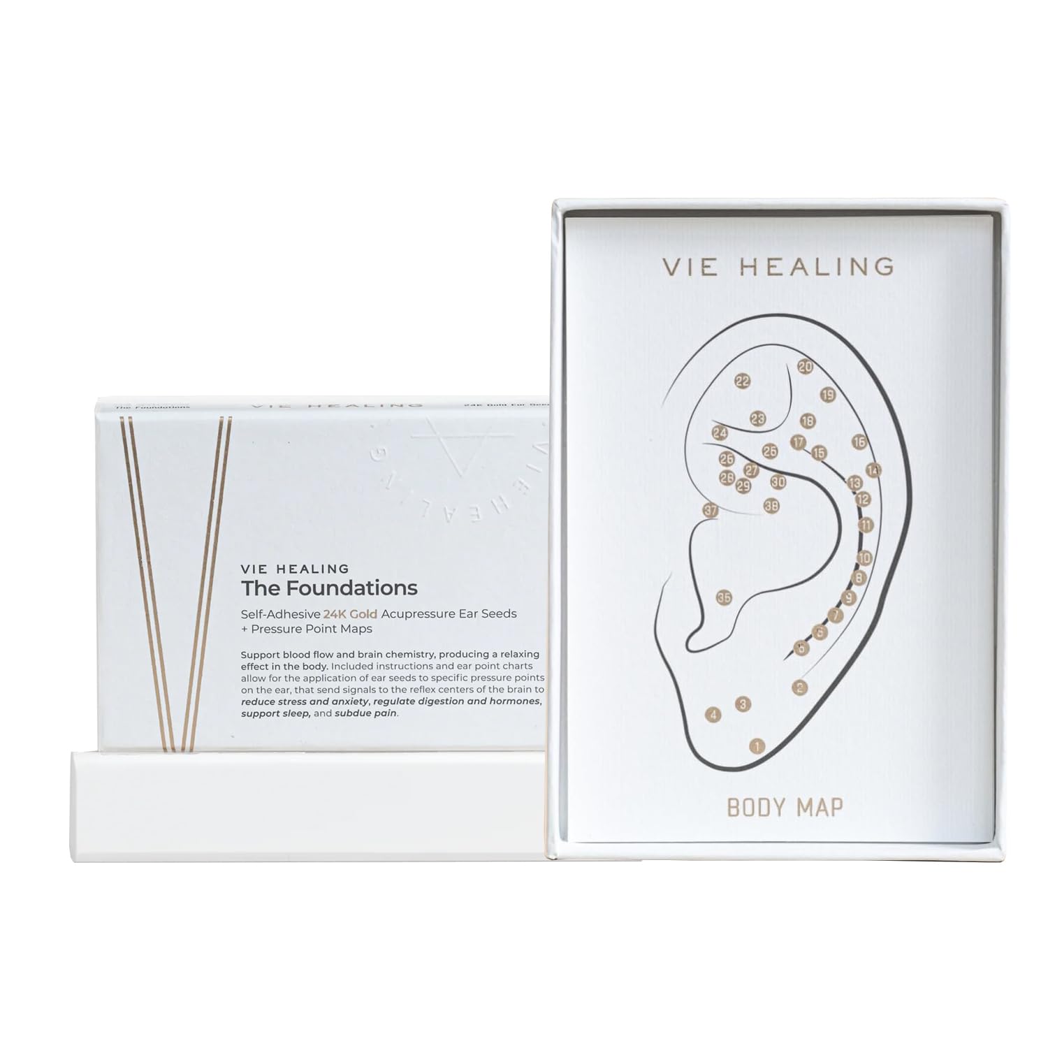 Vie Healing 24K Gold Ear Seeds packaging showcases premium quality for relaxation
