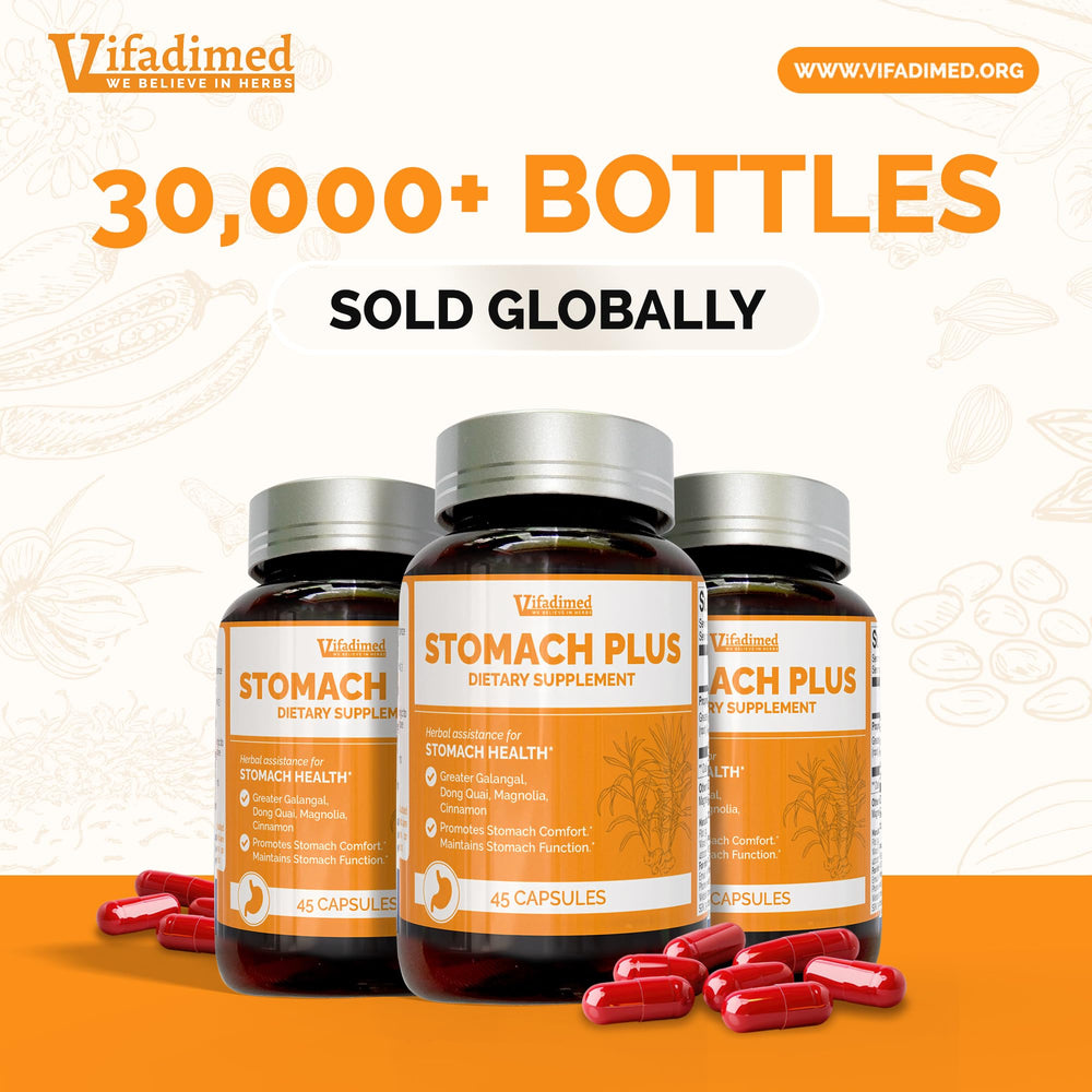 VIFADIMED Stomach Plus packaging in bright kitchen space