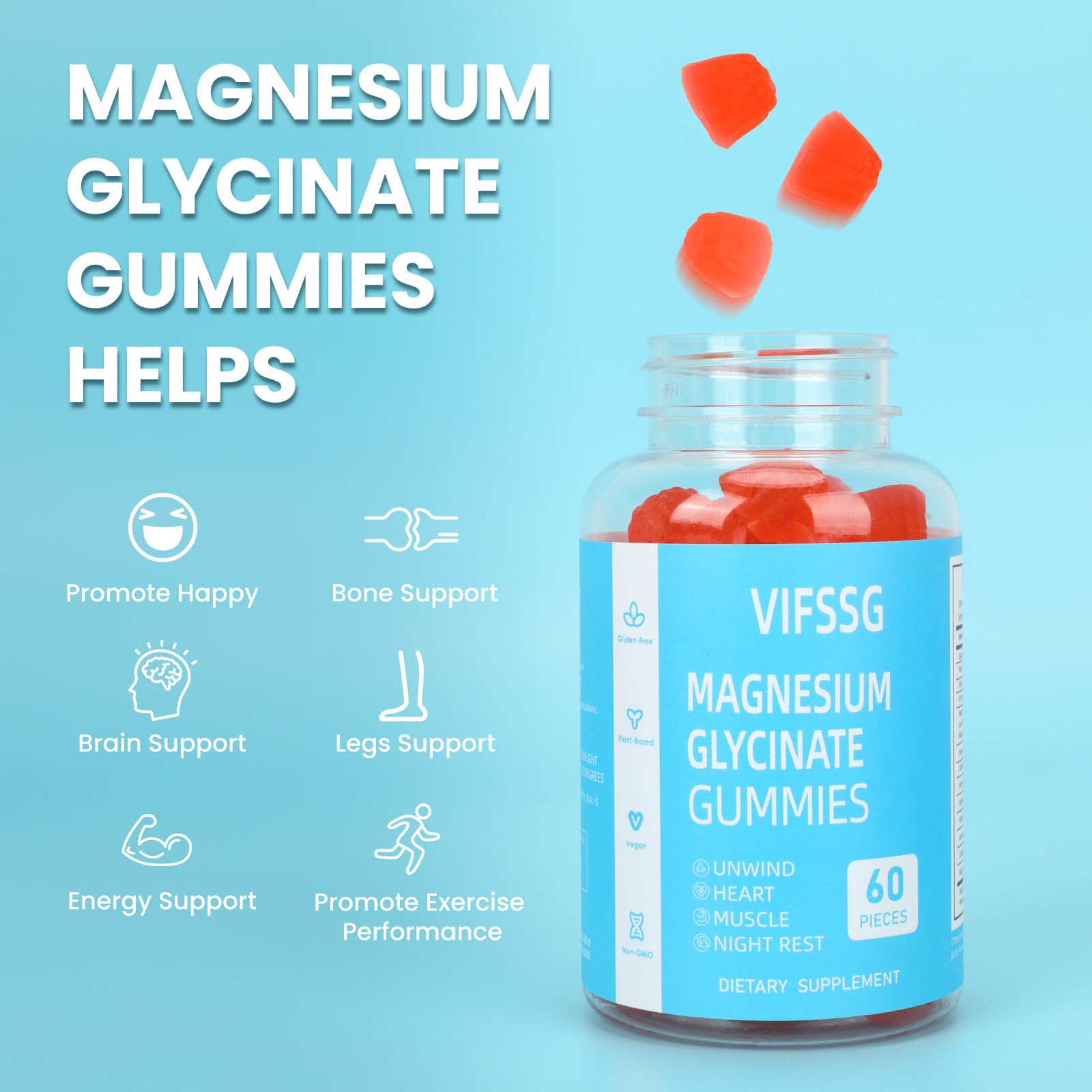 VIFSSG Magnesium Glycinate Gummies ingredients panel shows key minerals supporting daily wellness.