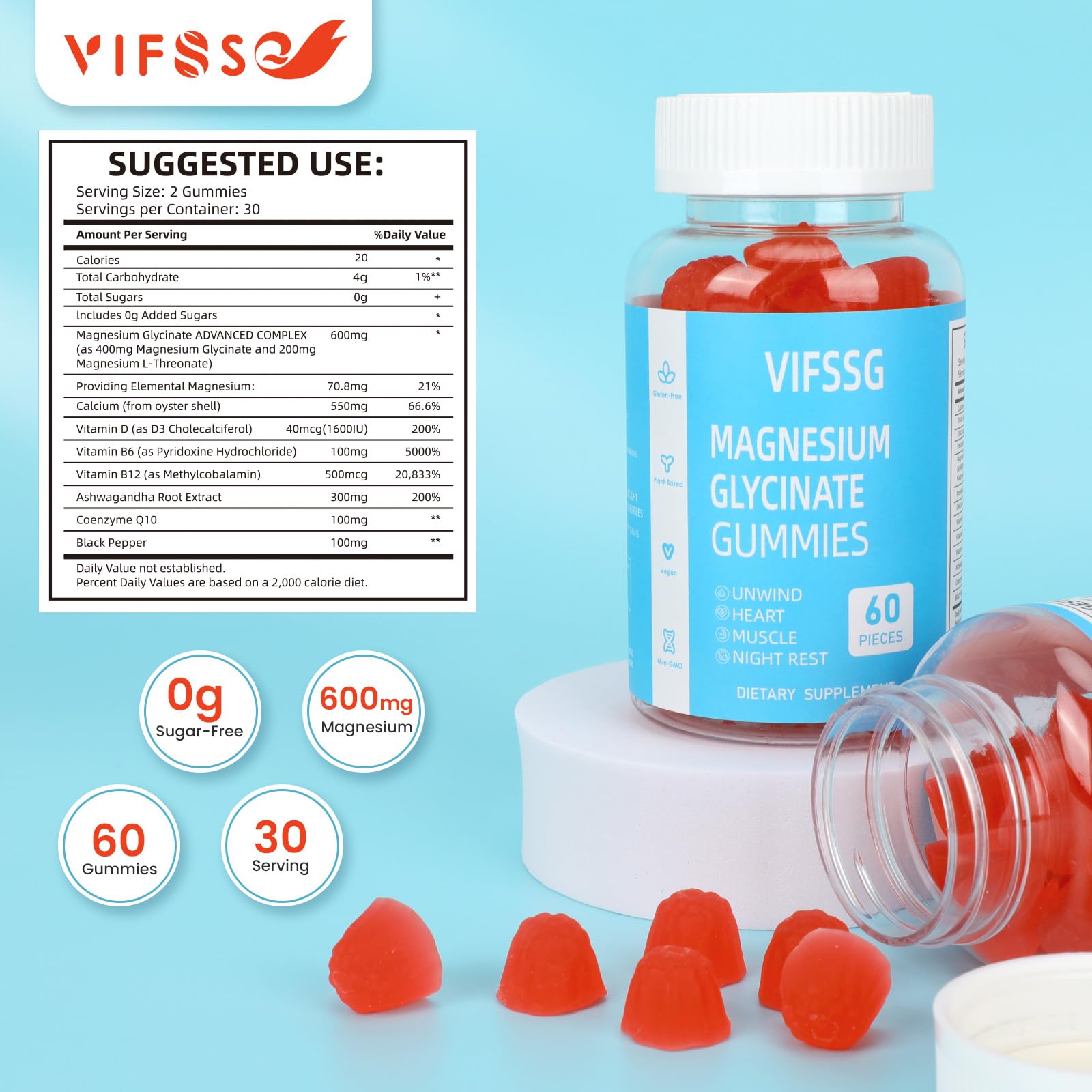VIFSSG Magnesium Glycinate Gummies packaging highlights soy-free and gluten-free formulation for sensitive users.