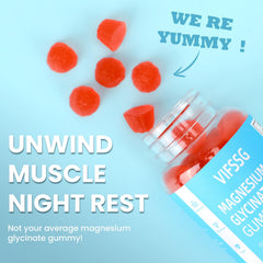 VIFSSG Magnesium Glycinate Gummies with strawberry flavor on a plate, a tasty daily wellness treat.