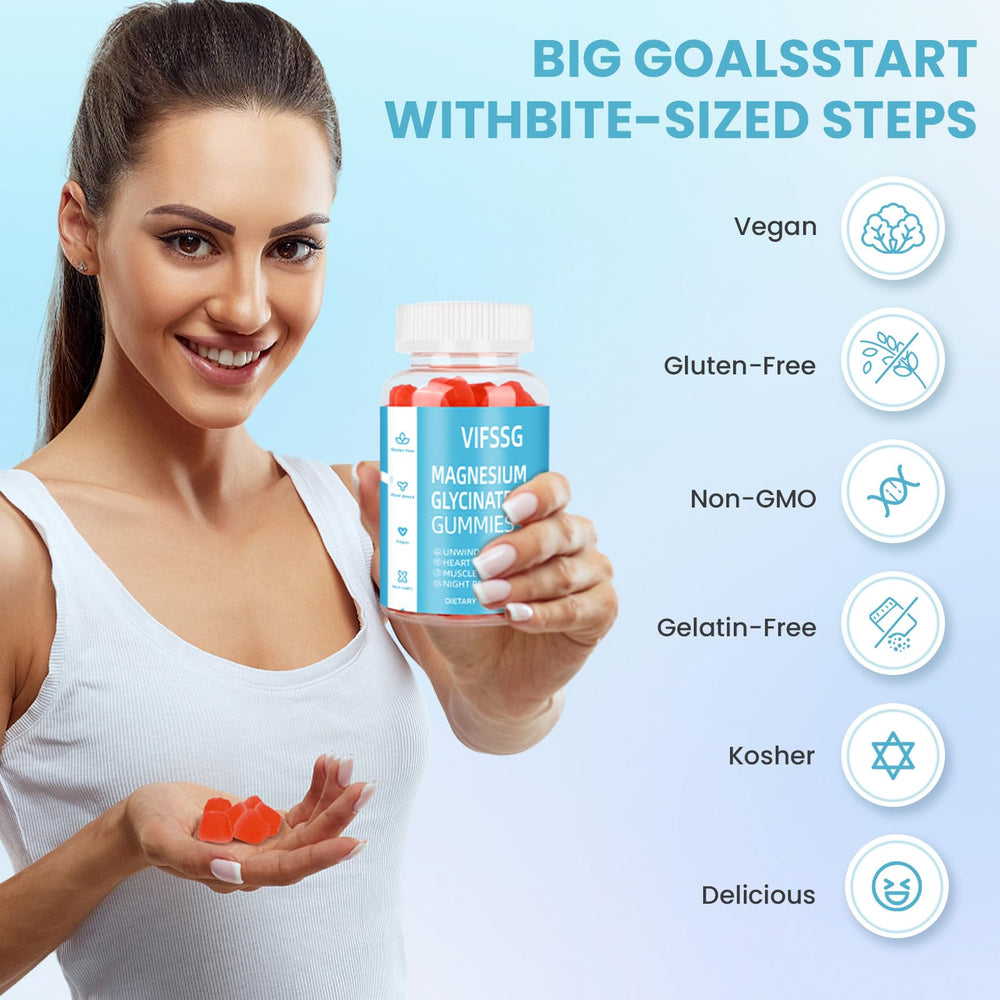 VIFSSG Magnesium Glycinate Gummies vegan symbol on packaging indicating plant-based supplement option.