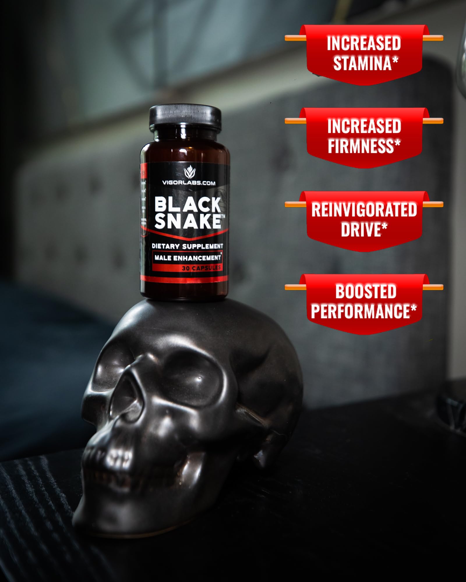 VIGOR LABS Black Snake bottle with glass, premium packaging.