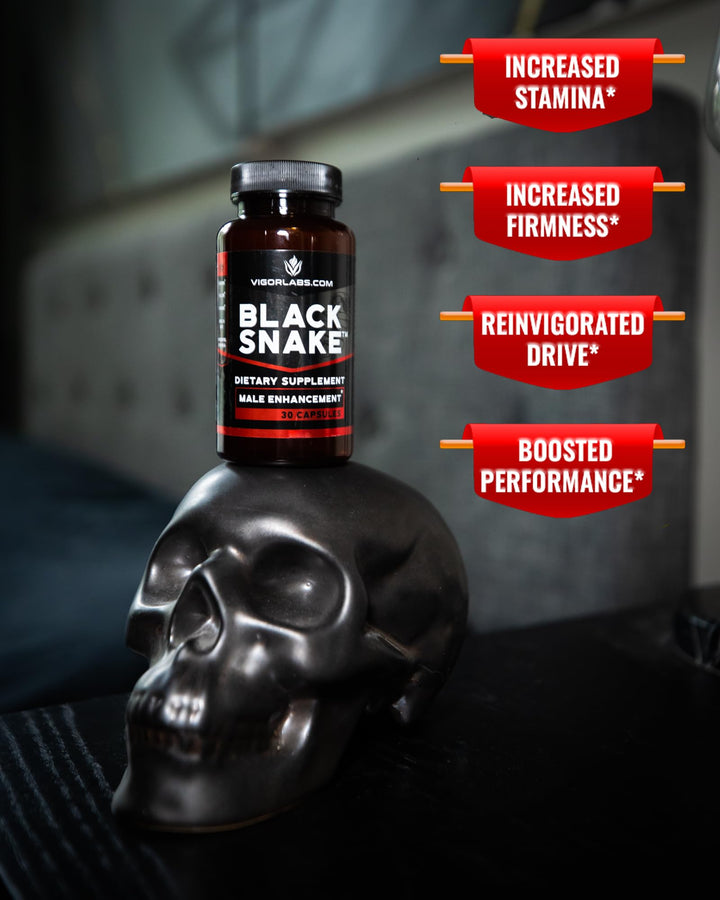 VIGOR LABS Black Snake bottle with glass, premium packaging.