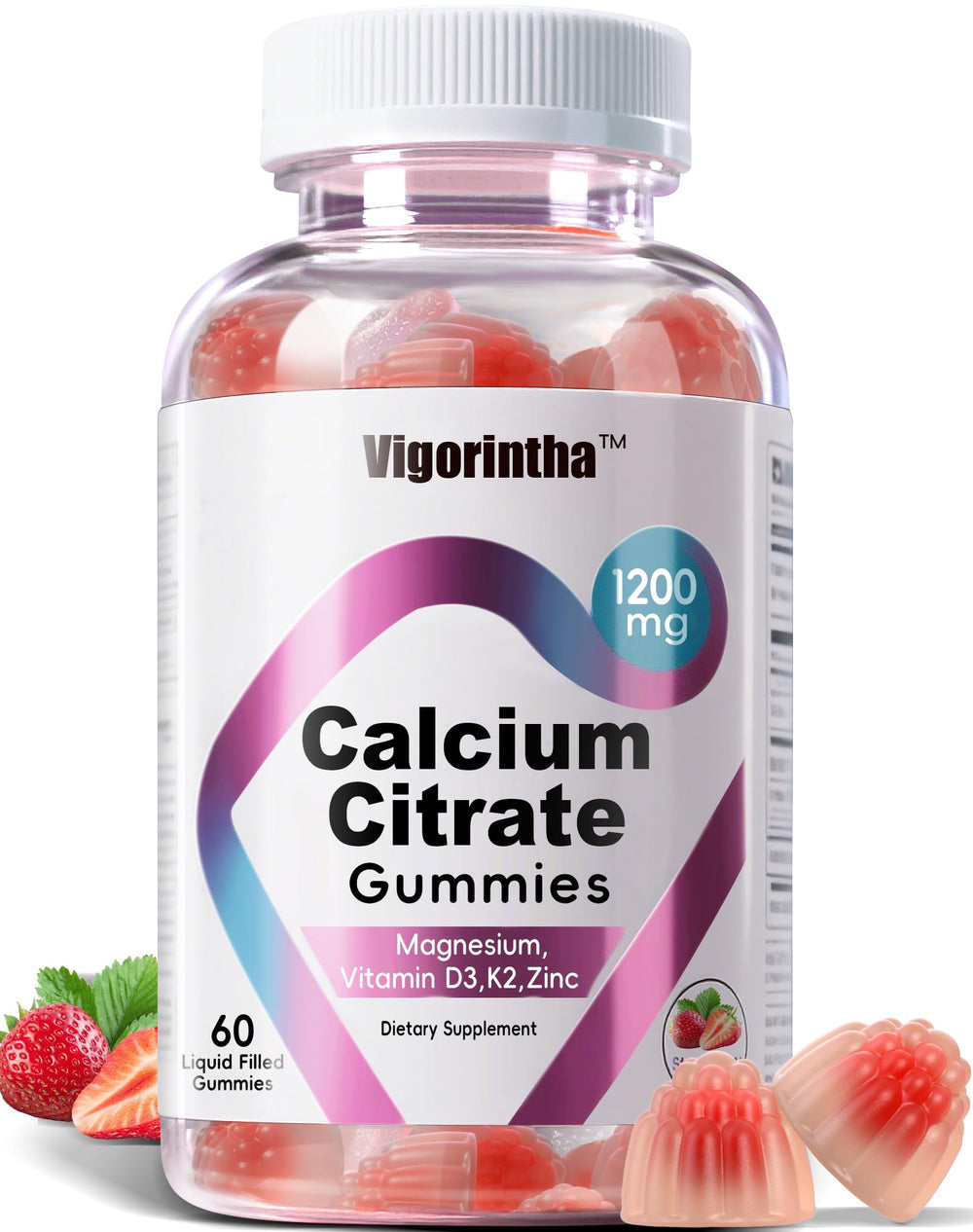 Vigorintha Calcium Citrate Gummies bottle showing convenient 1200mg calcium daily support.