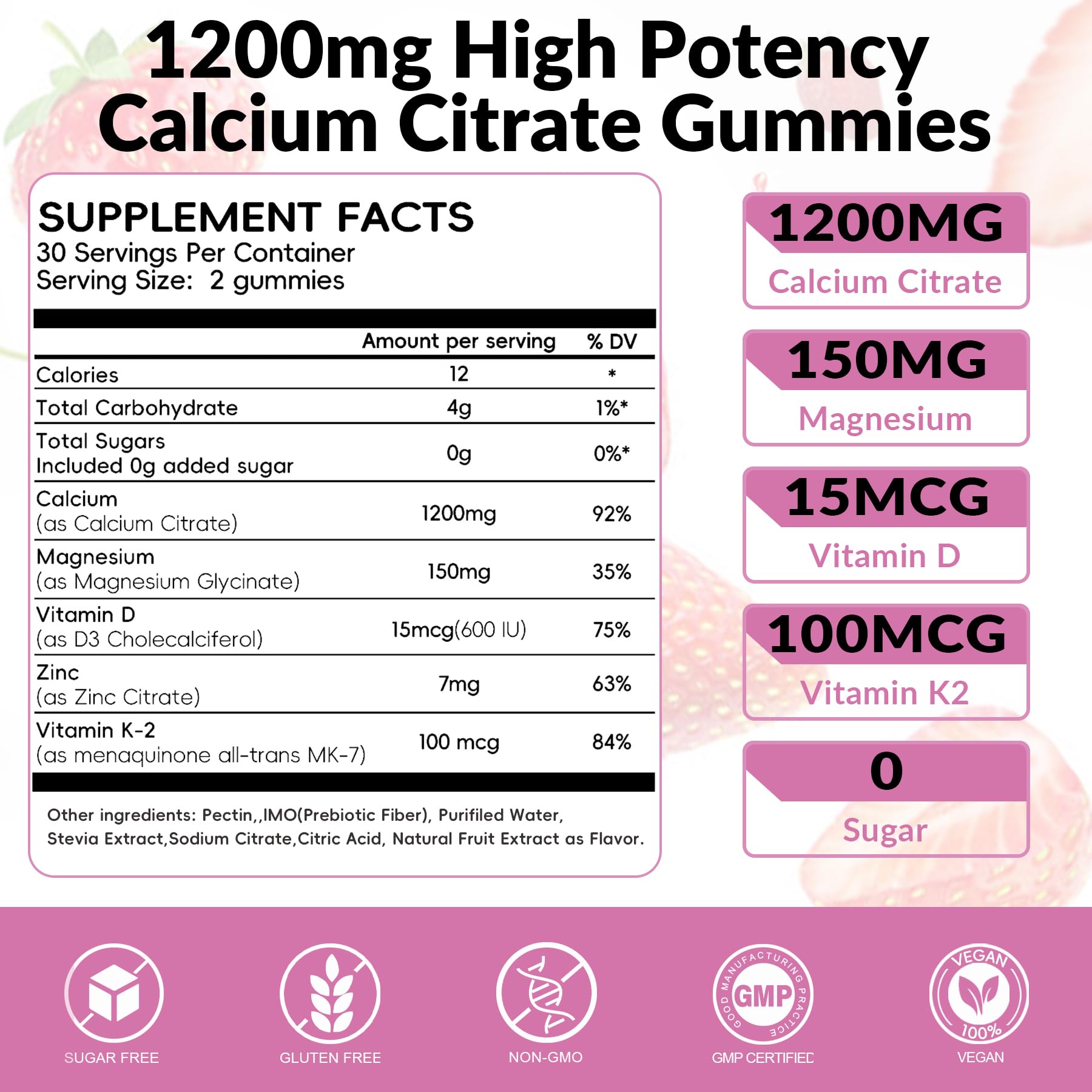 Vigorintha Calcium Citrate Gummies closeup highlighting strawberry flavor and bite-size ease.