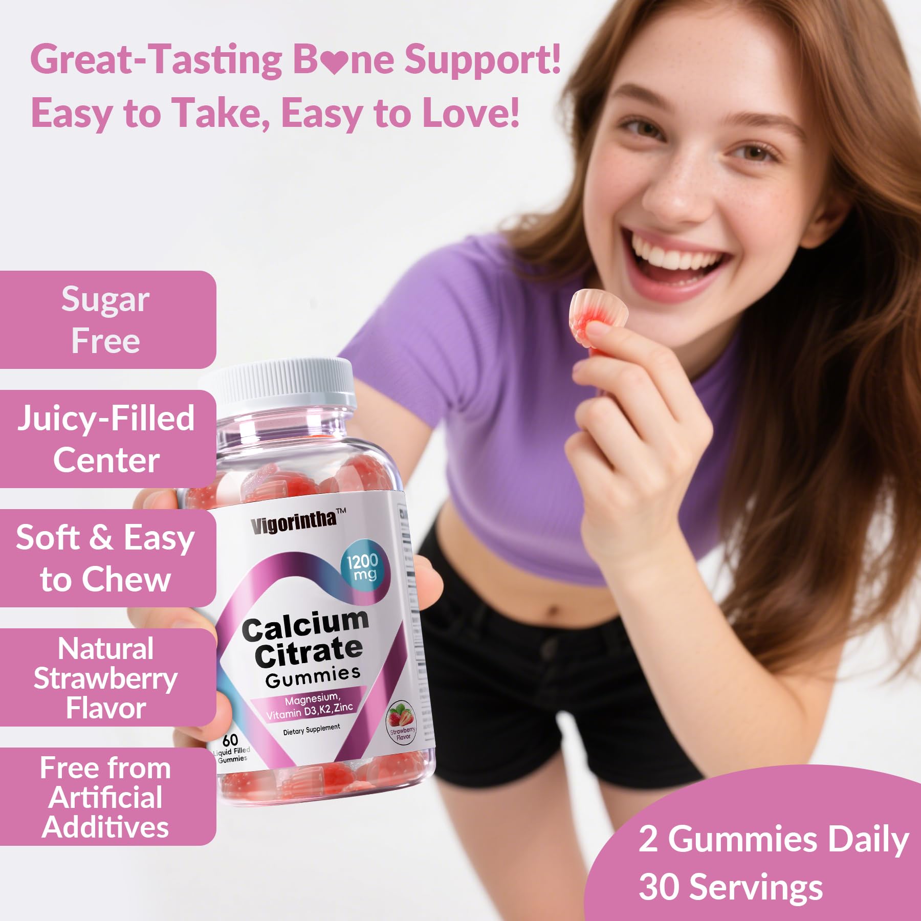 Detailed ingredients panel showing 1200mg calcium citrate per serving.