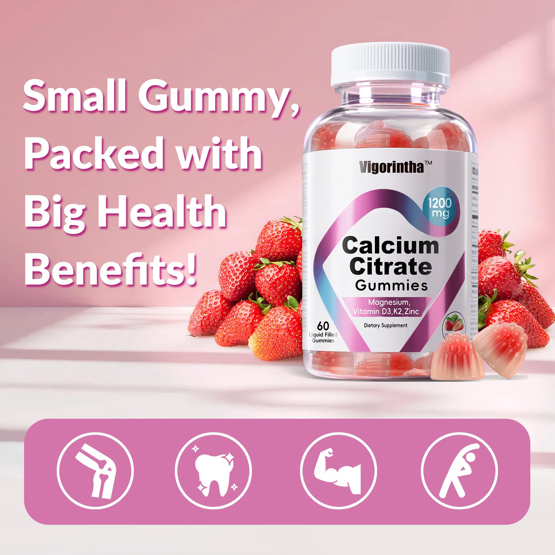 Vigorintha calcium citrate gummies packaging showcasing vegan gluten-free formula.