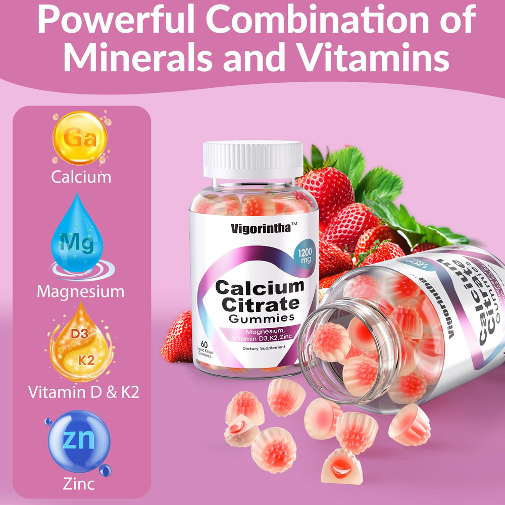 Serving suggestion with strawberry gummies encouraging easy daily use.