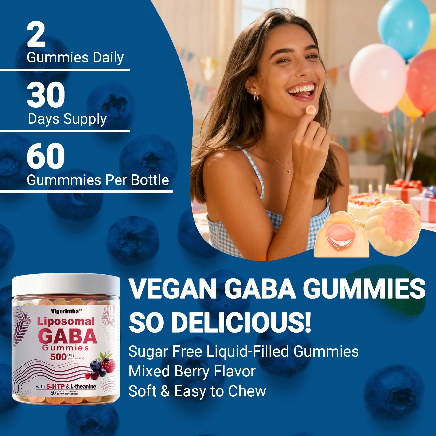 Vigorintha GABA Gummies packaging and label emphasize quality and ingredients