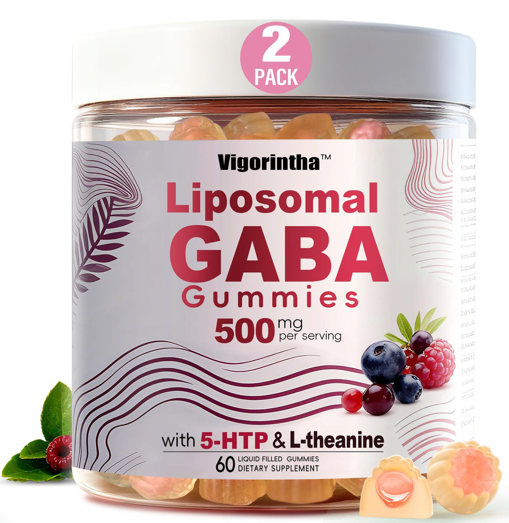 Vigorintha Liposomal GABA Gummies jar closeup for daily calm and ease