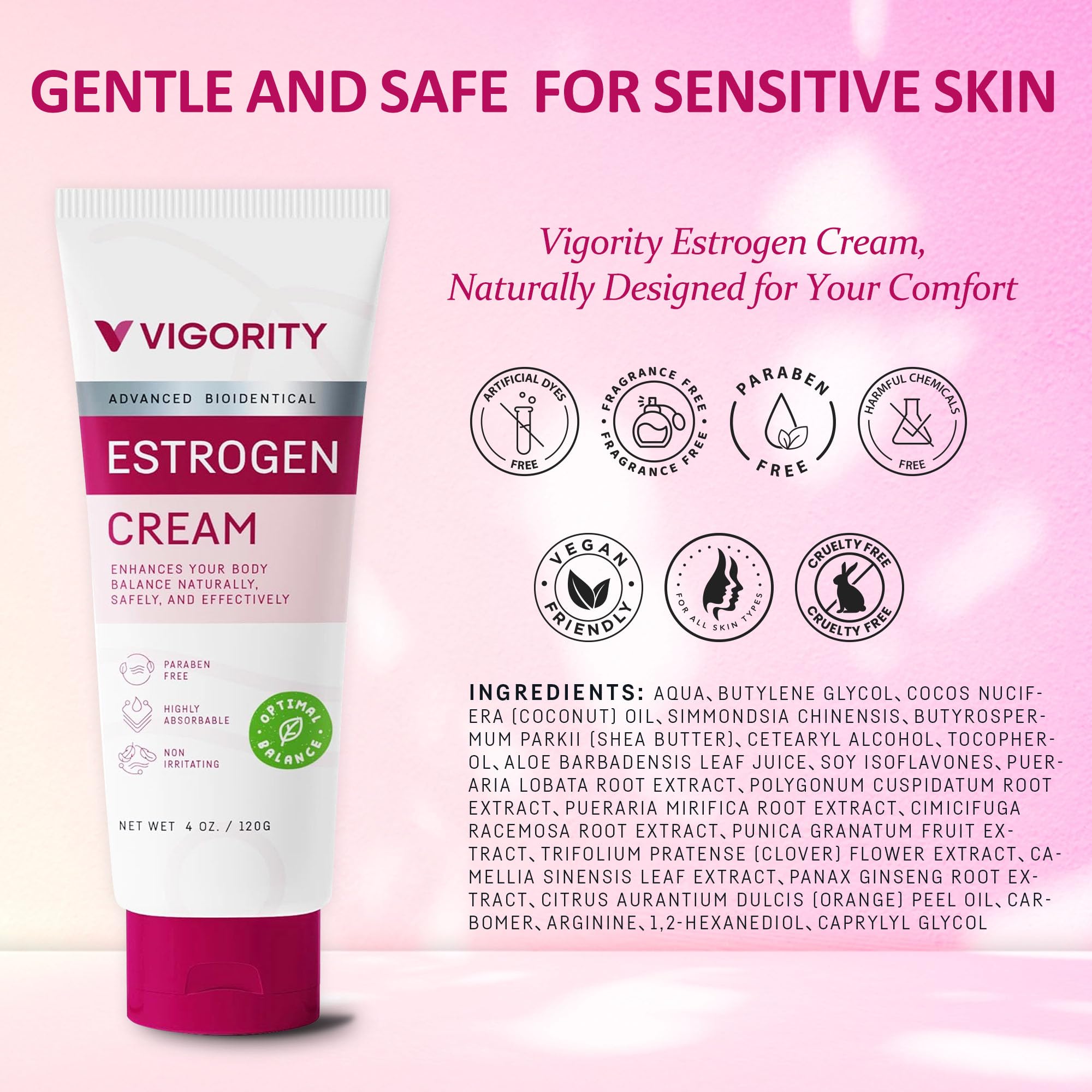 Vigority Estrogen Cream paraben-free gluten-free packaging emphasizes safety.