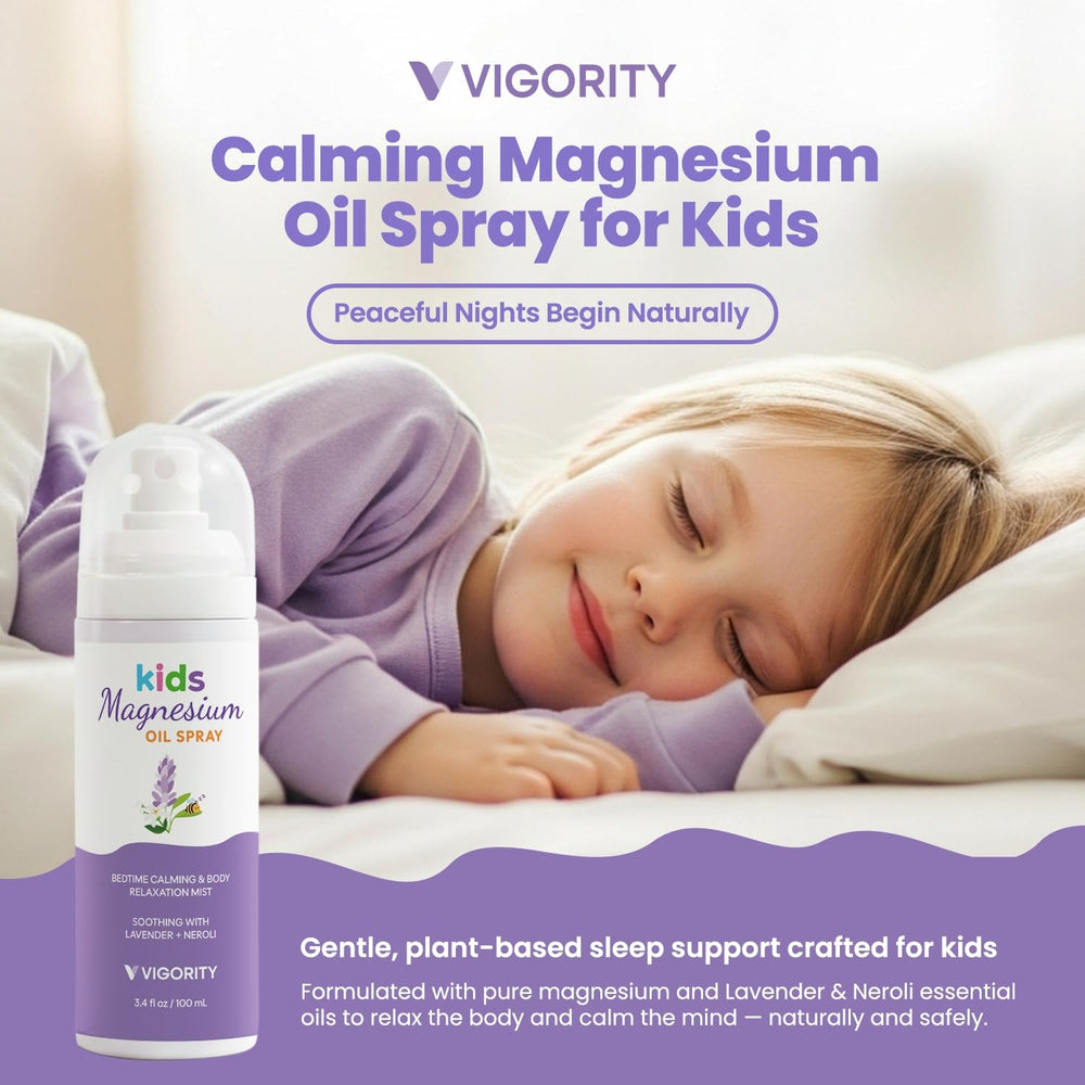 Vigority Kids Sleep Spray lavender and neroli droplets promote relaxation.