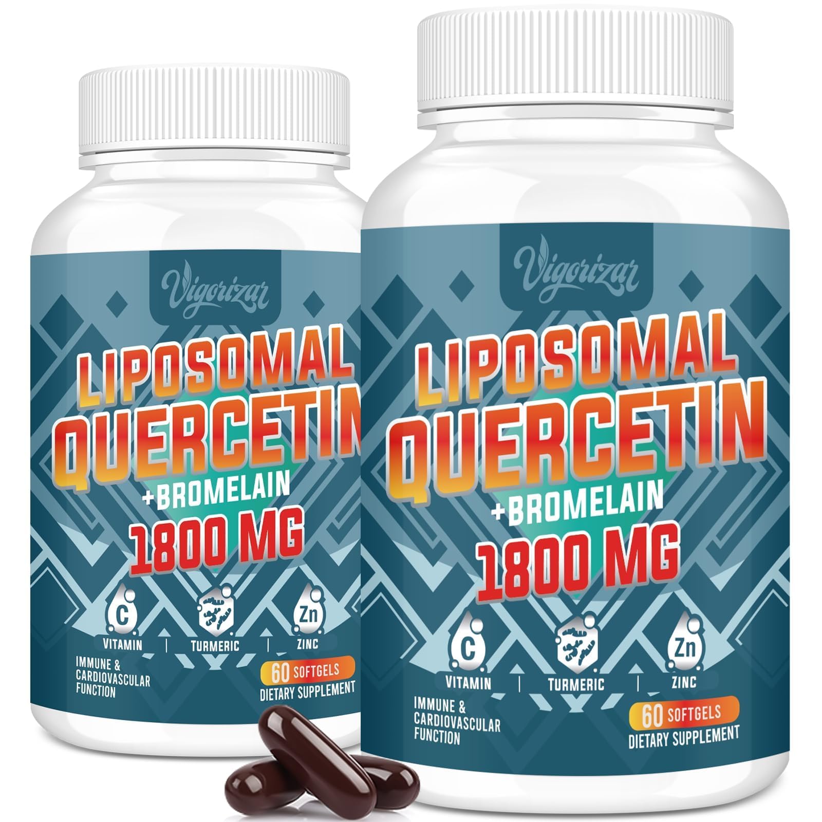 Vigorizar Liposomal Quercetin Phytosome softgels bottle showcases high-absorption formula for daily immune support.