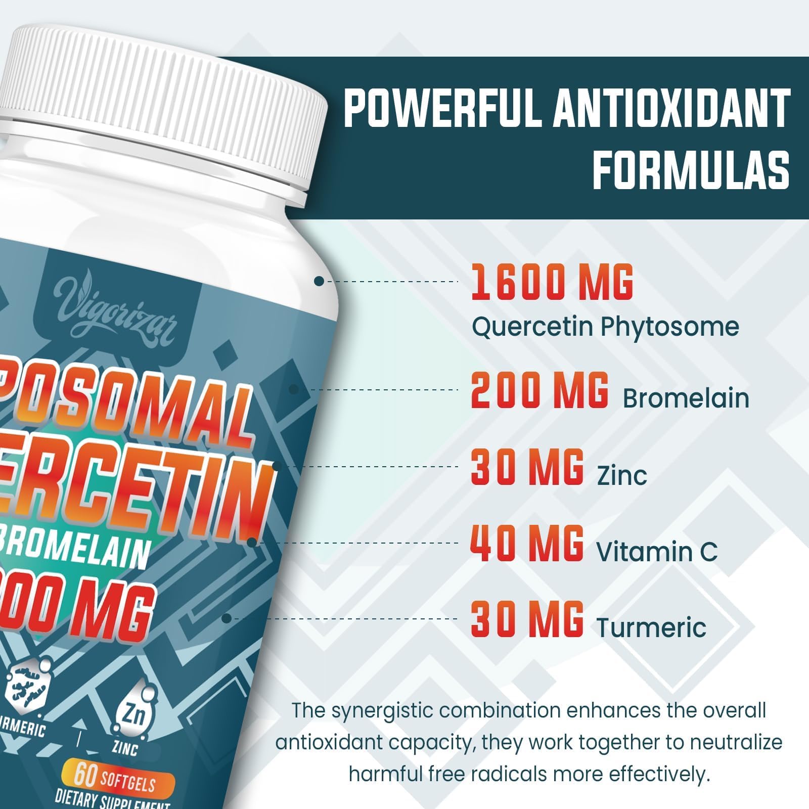 Vigorizar quercetin bromelain zinc vitamin c ingredients label highlights a potent antioxidant blend for wellness.