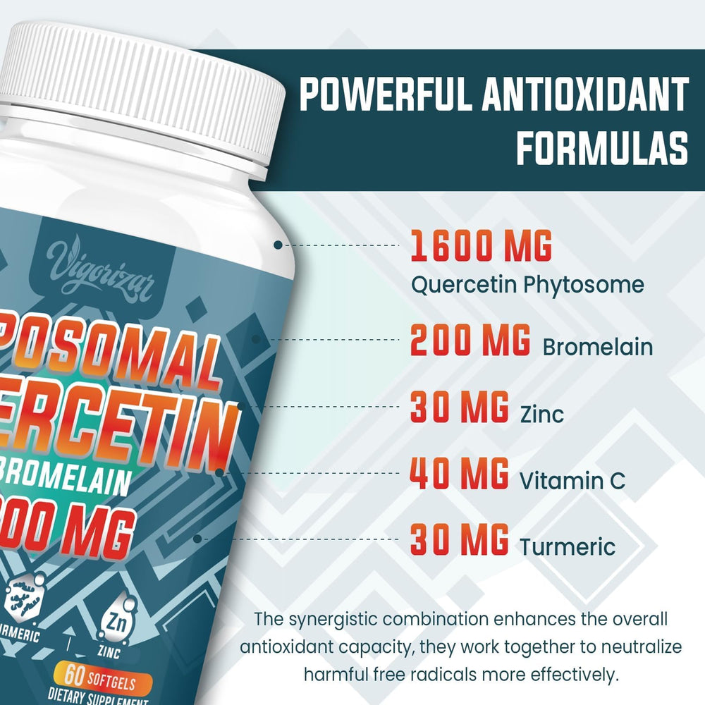 Vigorizar quercetin bromelain zinc vitamin c ingredients label highlights a potent antioxidant blend for wellness.