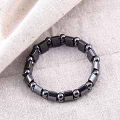 VIKI LYNN adjustable hematite bracelet fits comfortably with elastic stretch.