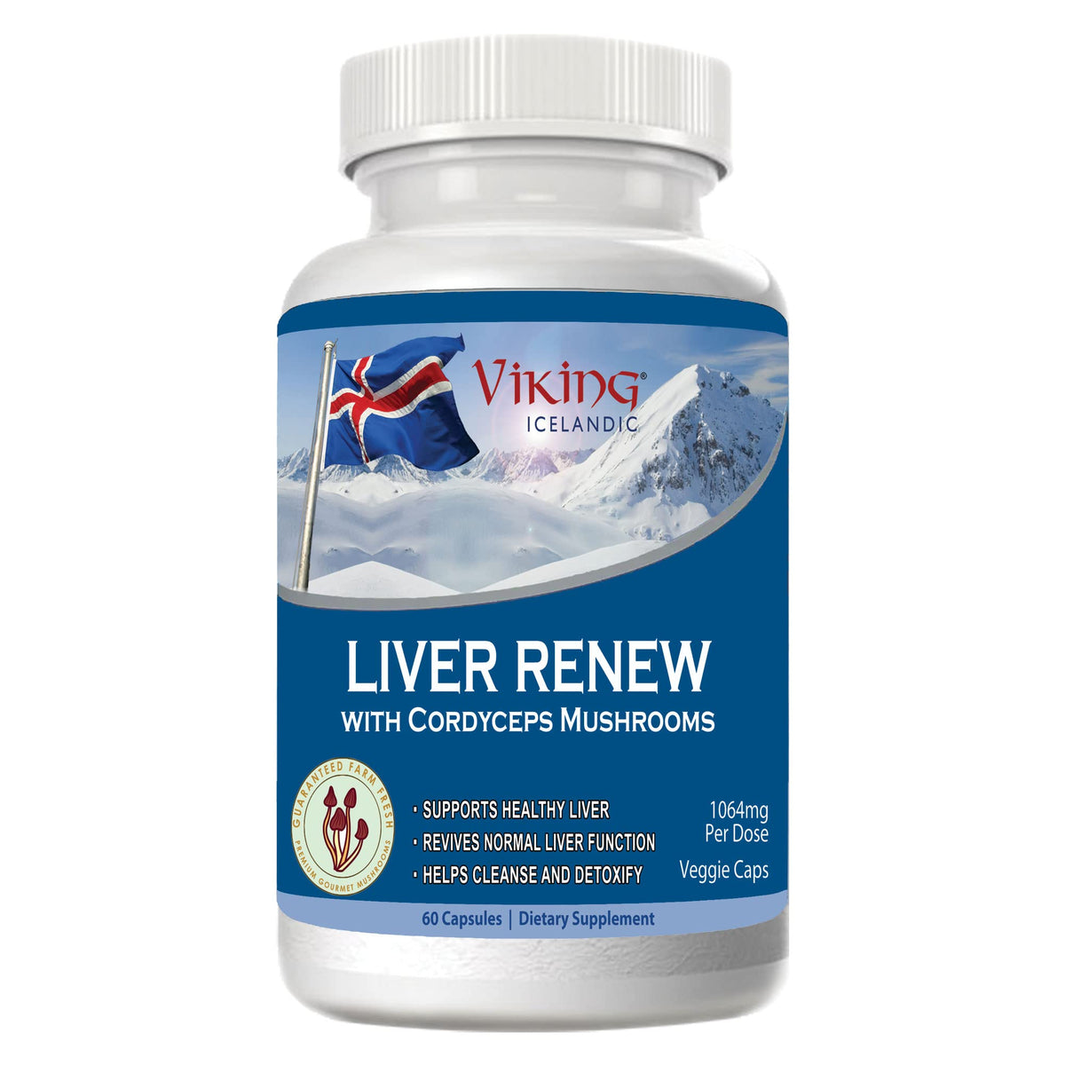 Viking Liver Renew bottle with mushroom blend suggests cognitive support