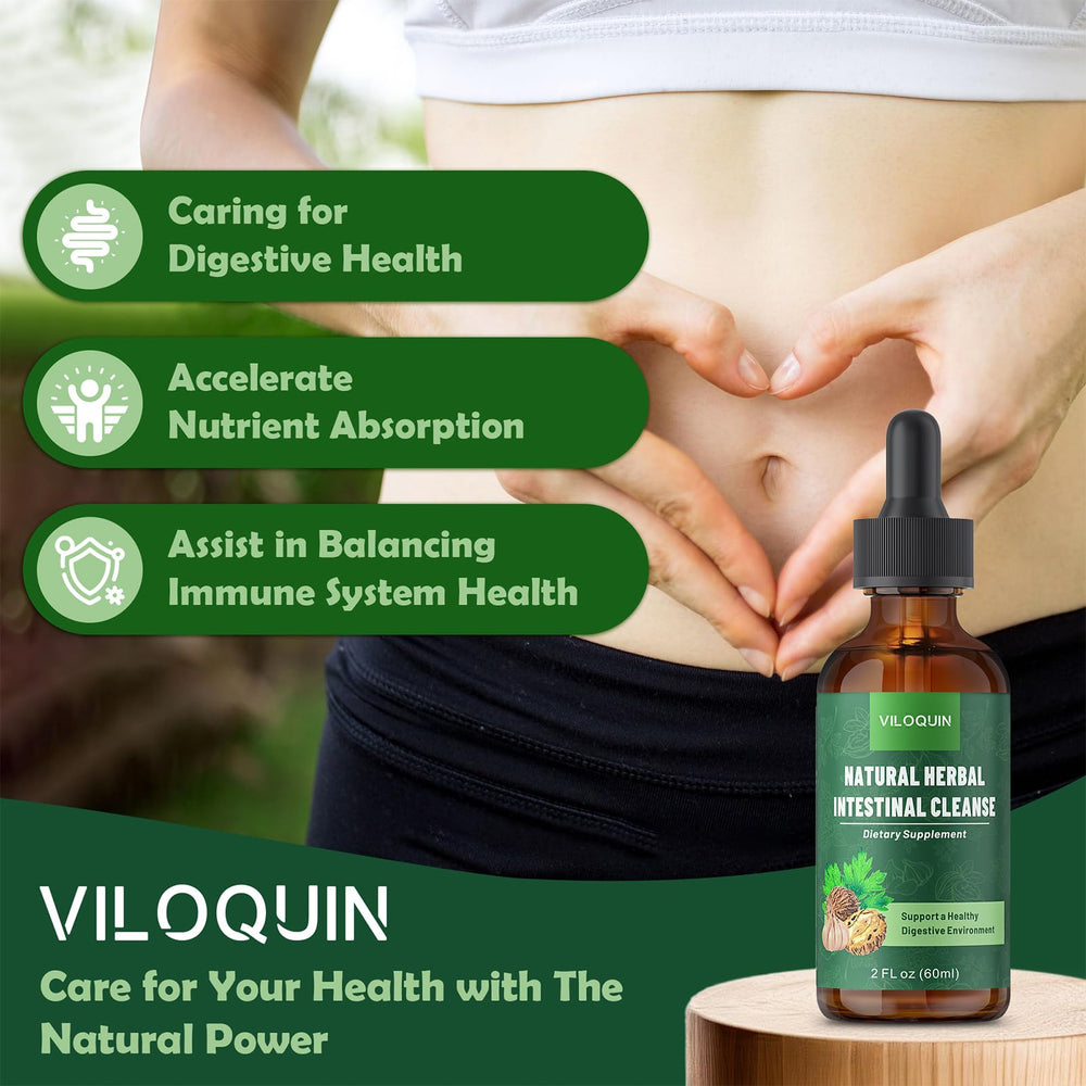 Closeup of Viloquin Gut Cleanse bottle and dropper for precise dosing