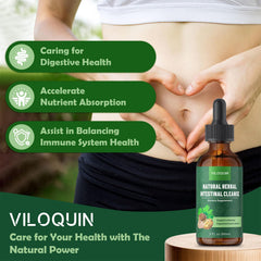 Closeup of Viloquin Gut Cleanse bottle and dropper for precise dosing