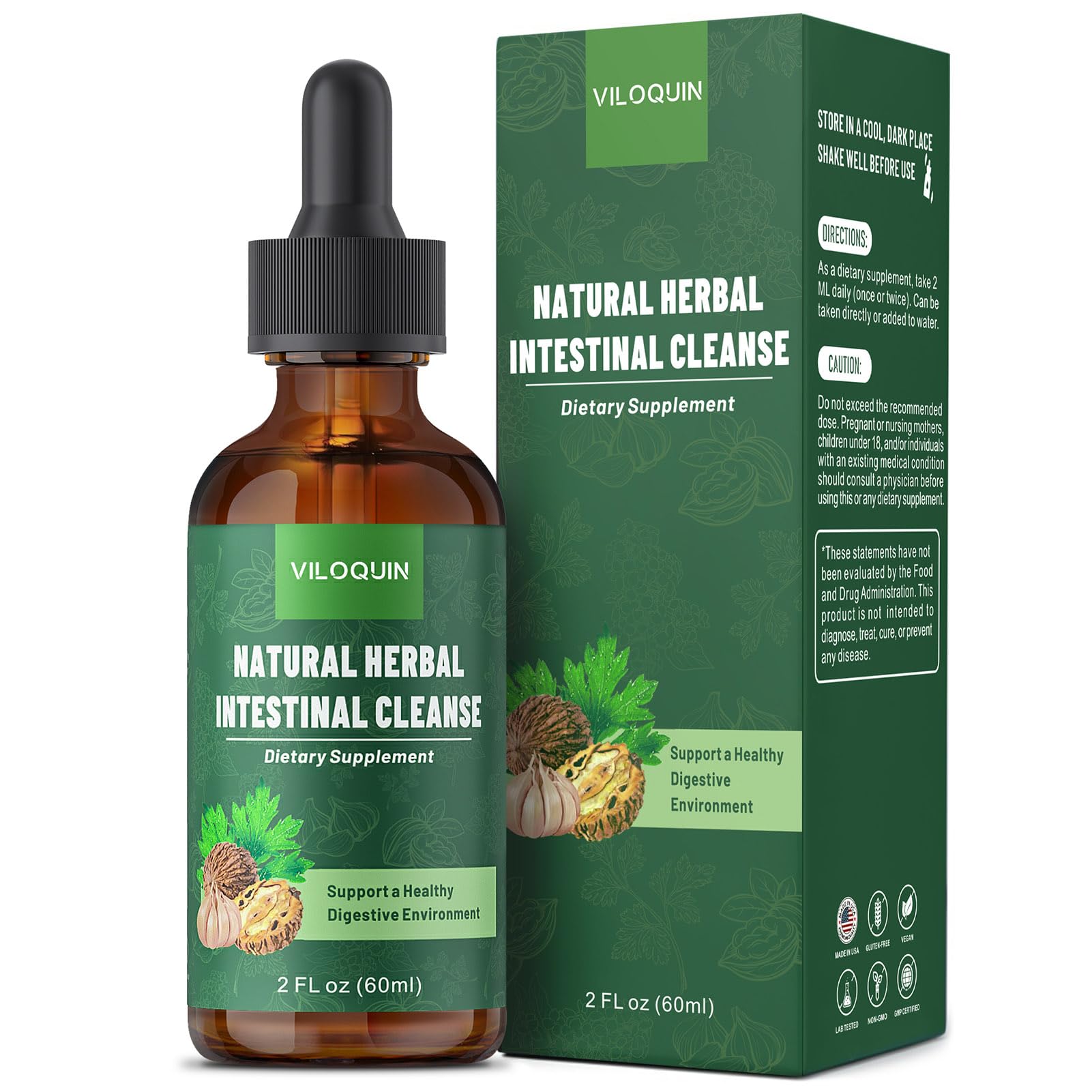 Viloquin Gut Cleanse bottle being poured for daily herbal support