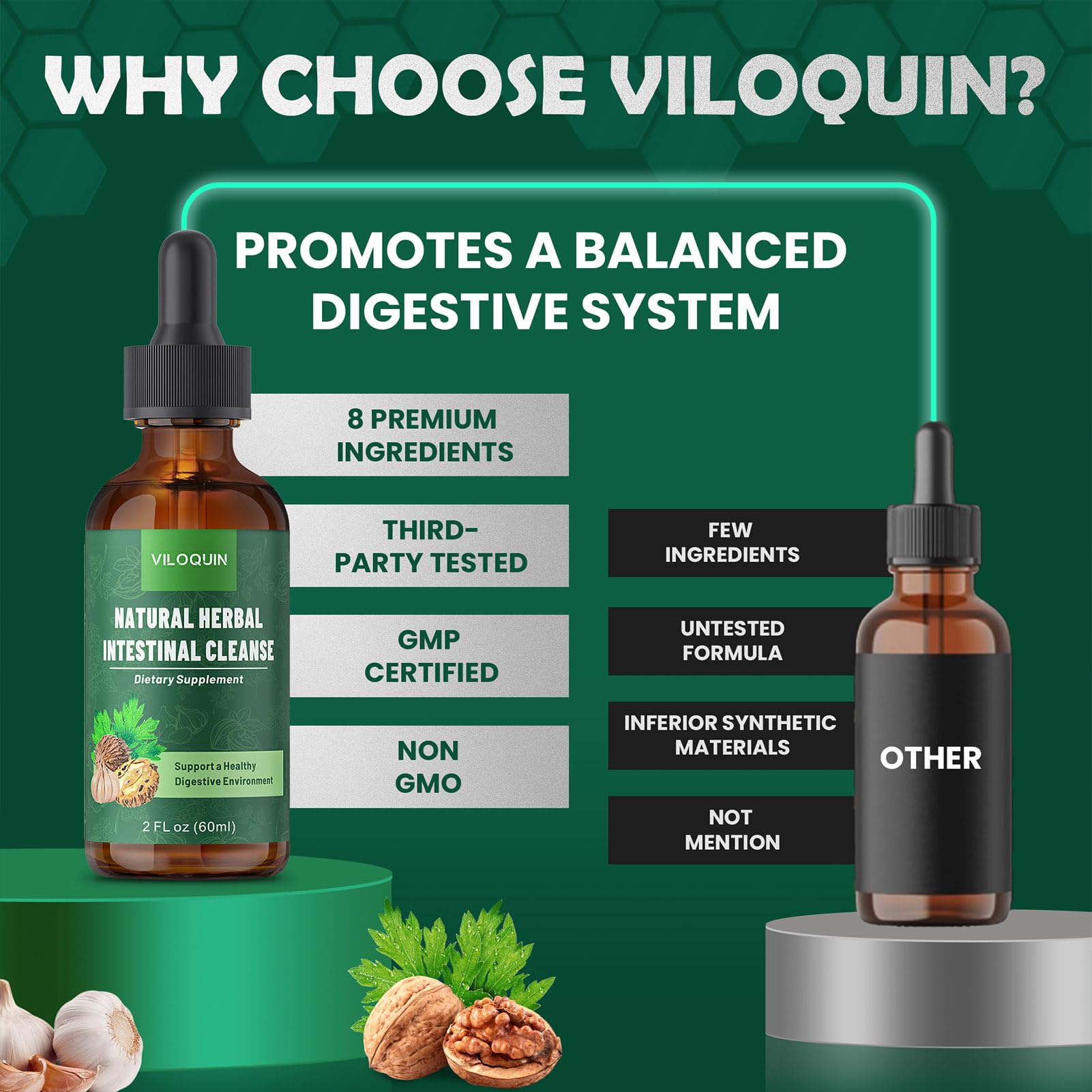 Herbal components like oregano and ginger in Viloquin Gut Cleanse for balanced digestion