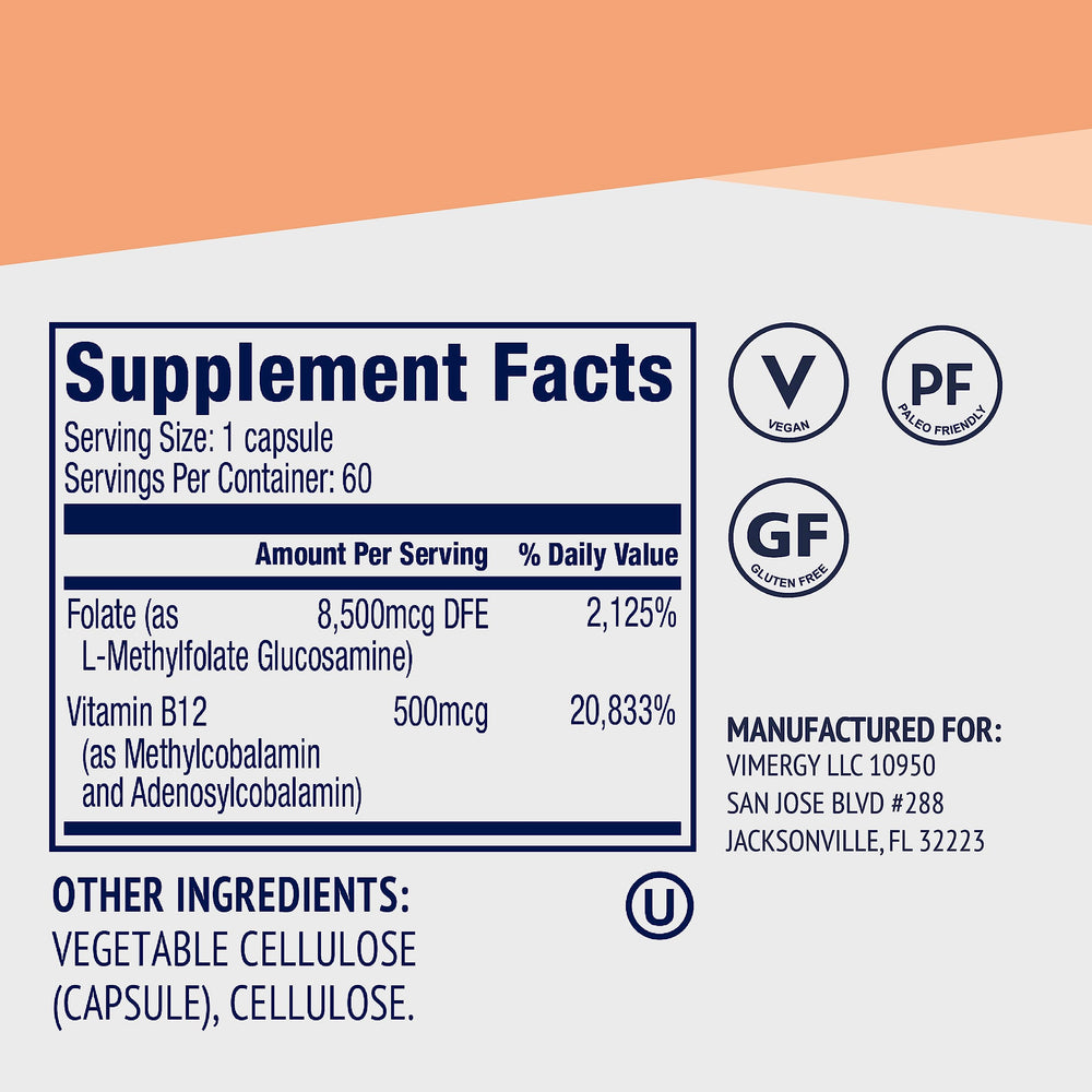 Vimergy 5-MTHF label vegan emphasizes clean, allergen-free formula.