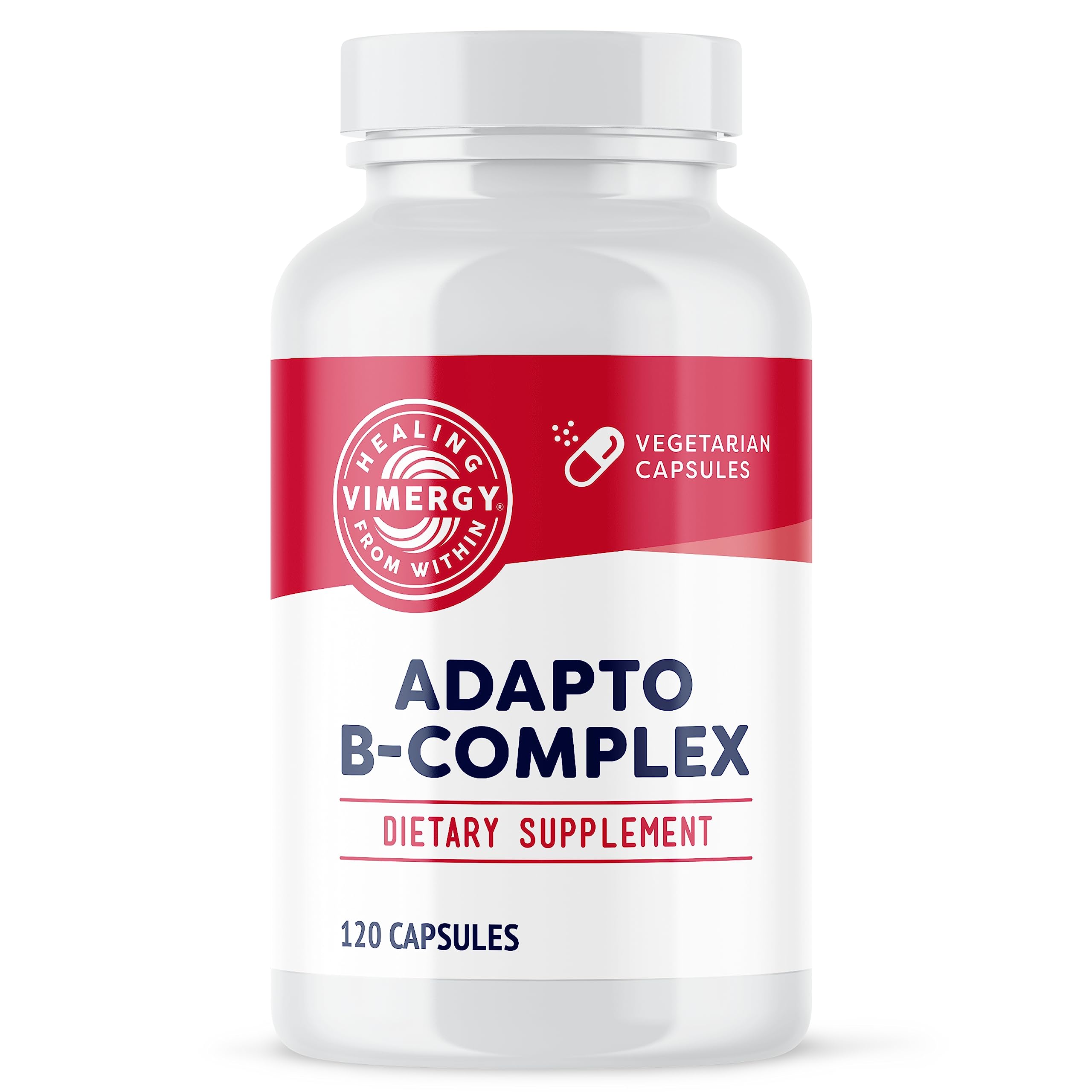 Vimergy Adapto-B bottle label shows active B vitamins for daily support.