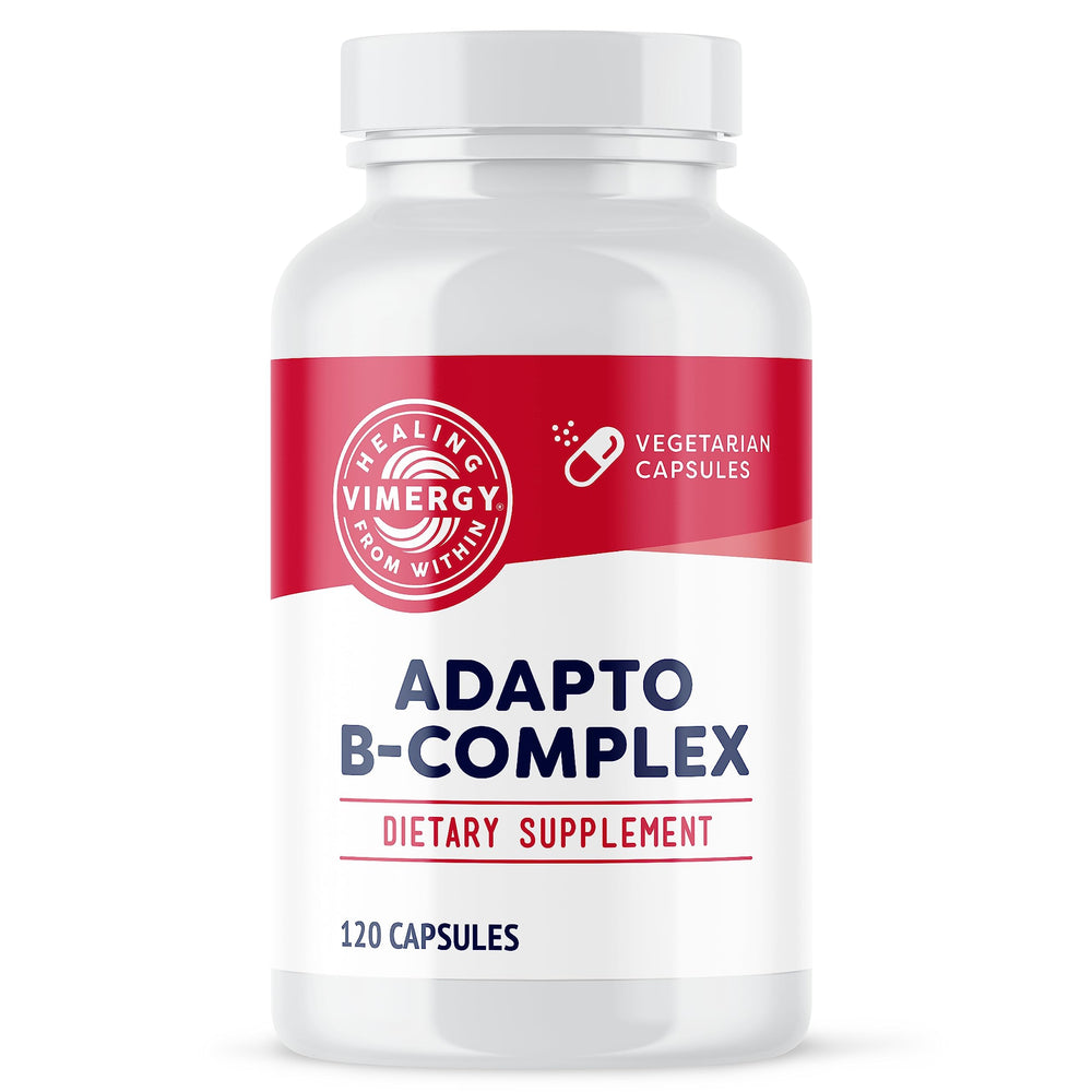Vimergy Adapto-B bottle label shows active B vitamins for daily support.