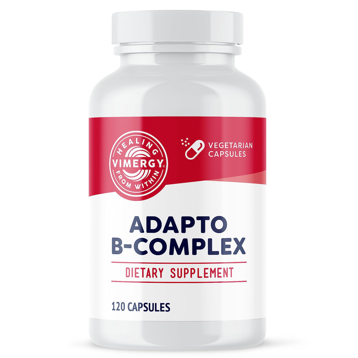 Vimergy Adapto-B bottle label shows active B vitamins for daily support.