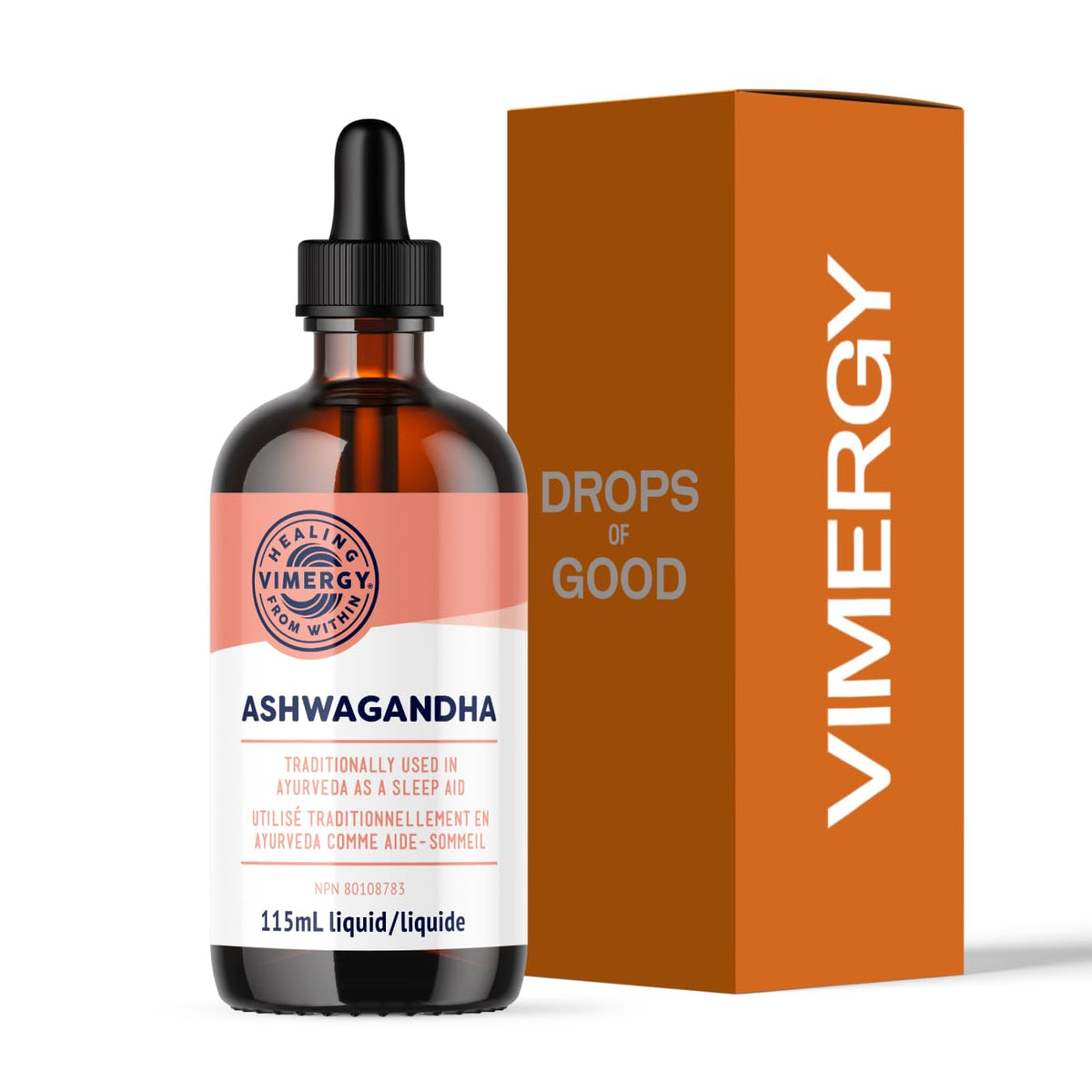 Vimergy Ashwagandha liquid bottle highlighting fast absorption for daily balance.