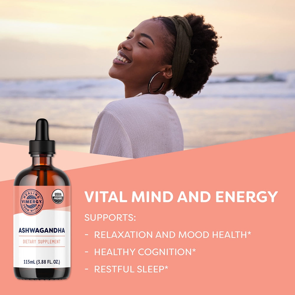 Vimergy Ashwagandha liquid dropper enables easy dosing and consistent daily wellness.