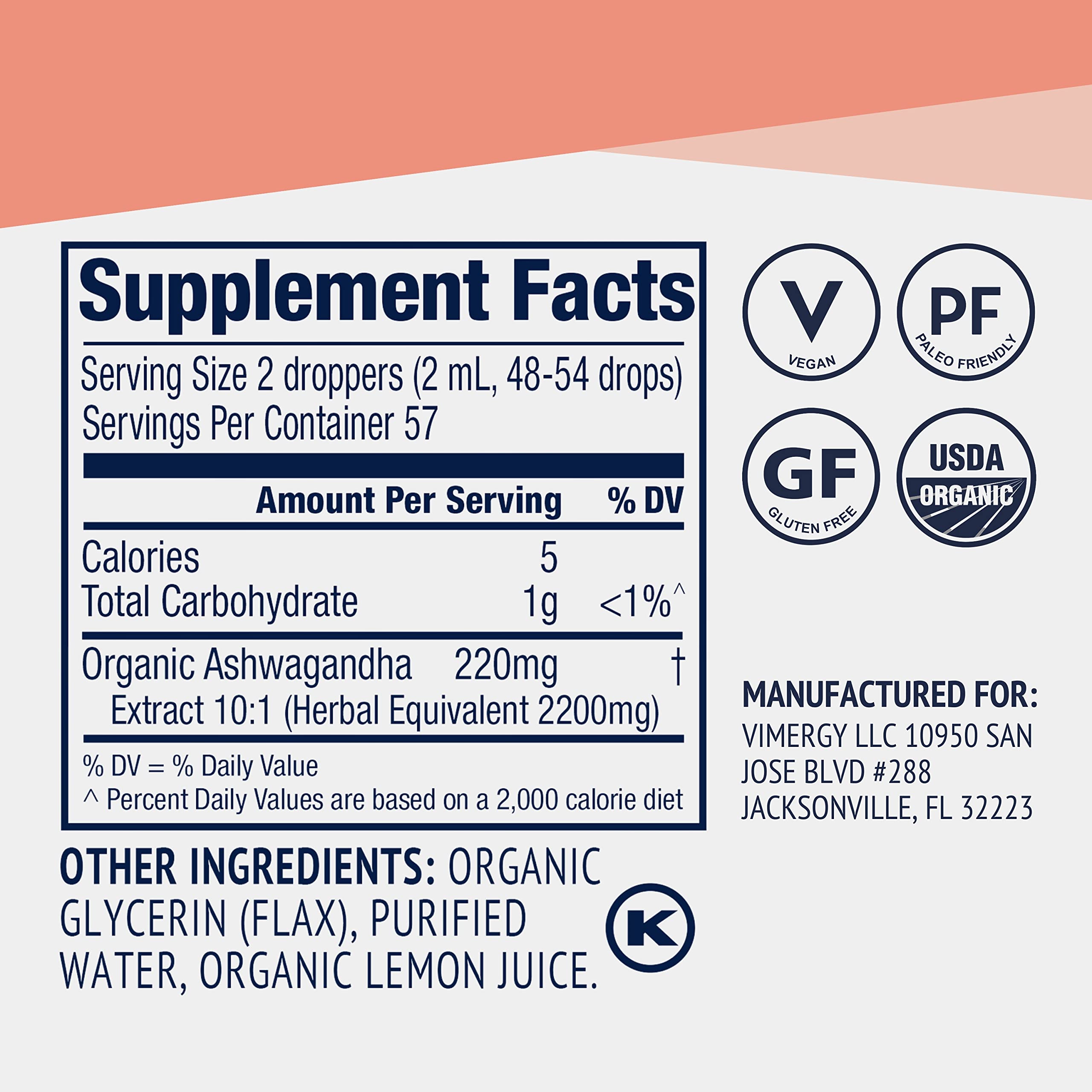 Vimergy Ashwagandha liquid ingredients show alcohol-free formula and clean options.