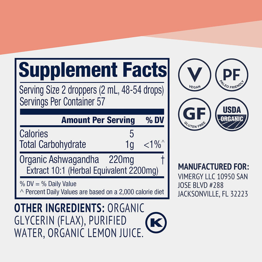 Vimergy Ashwagandha liquid ingredients show alcohol-free formula and clean options.