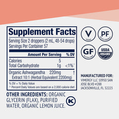 Vimergy Ashwagandha liquid ingredients show alcohol-free formula and clean options.