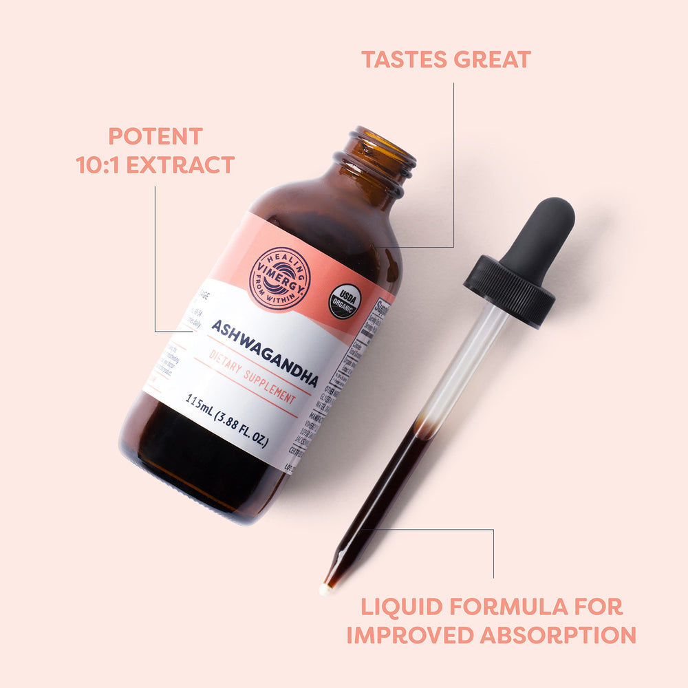 Vimergy Ashwagandha liquid label highlights 10x concentration for potent nightly routines.