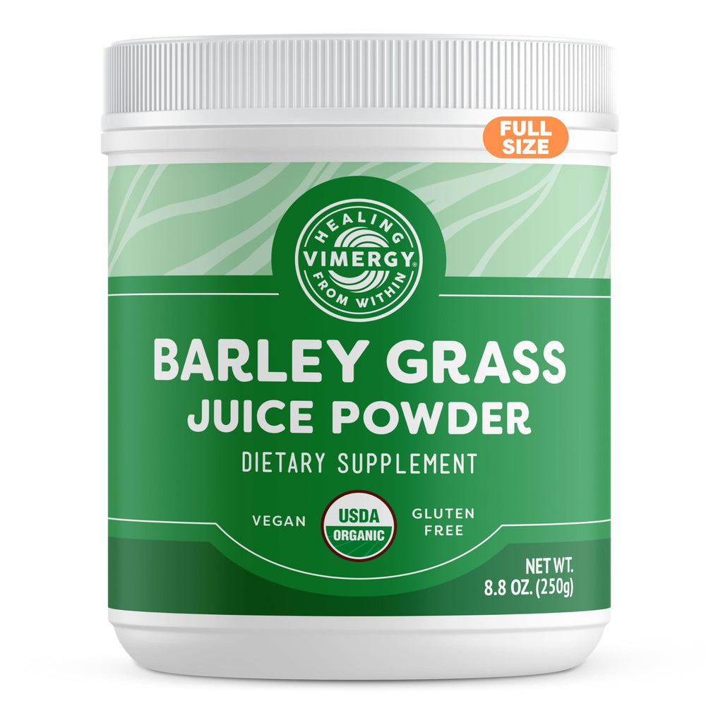 Vimergy barley grass juice powder bottle ready for daily greens boost