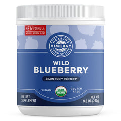 Vimergy Brain Body Protect bottle label highlighting organic ingredients for daily brain and heart support