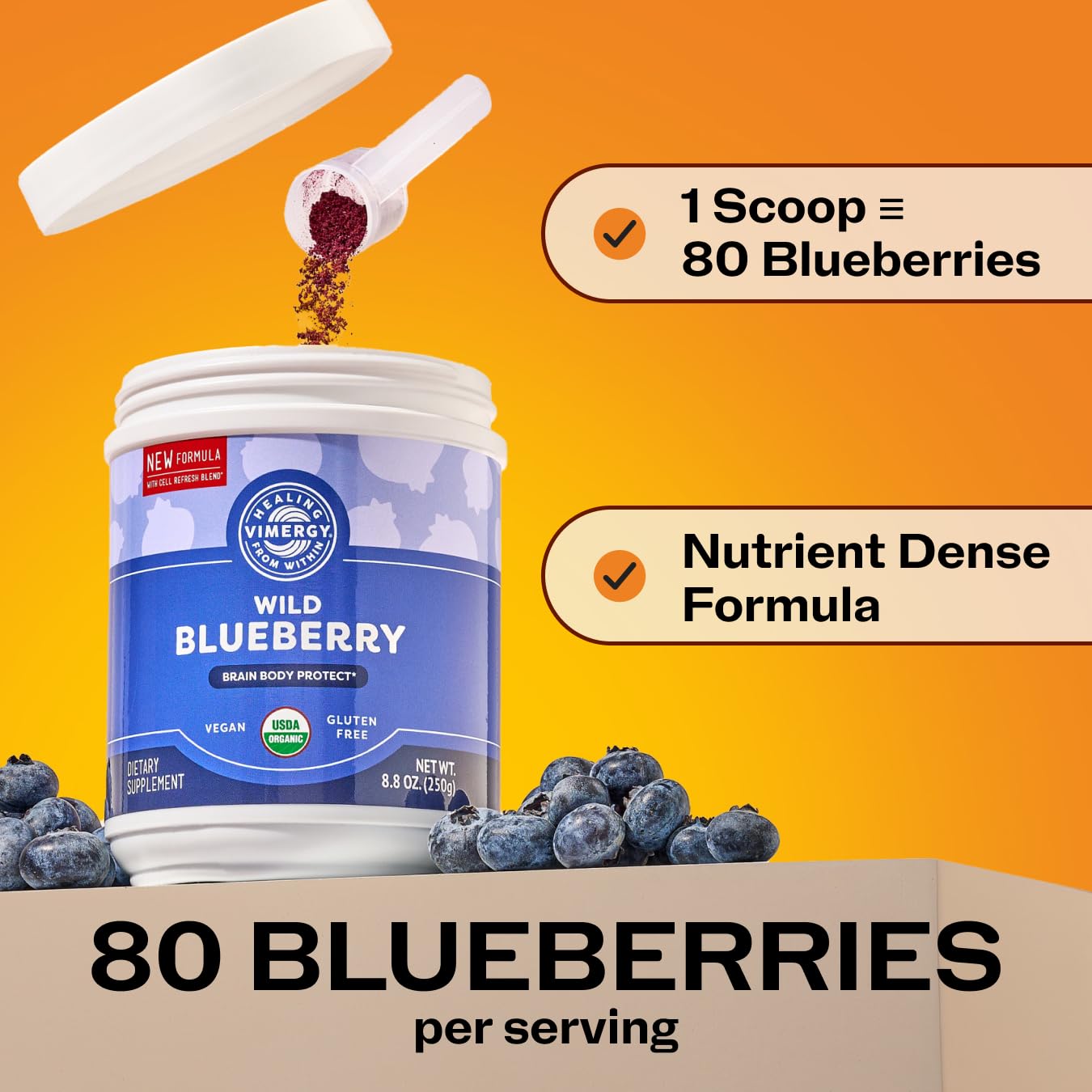 Vimergy Brain Body Protect serving suggestion with glass of water and berries