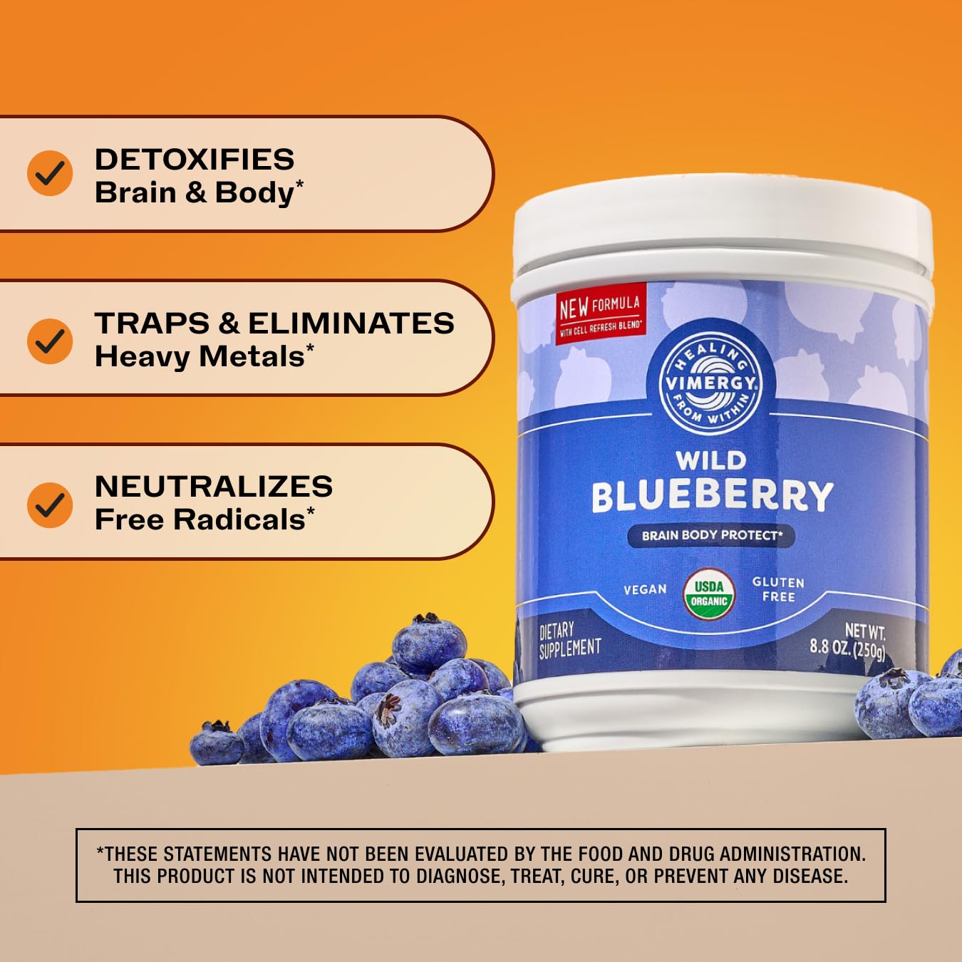 Vimergy Brain Body Protect label featuring vegan and gluten-free seals