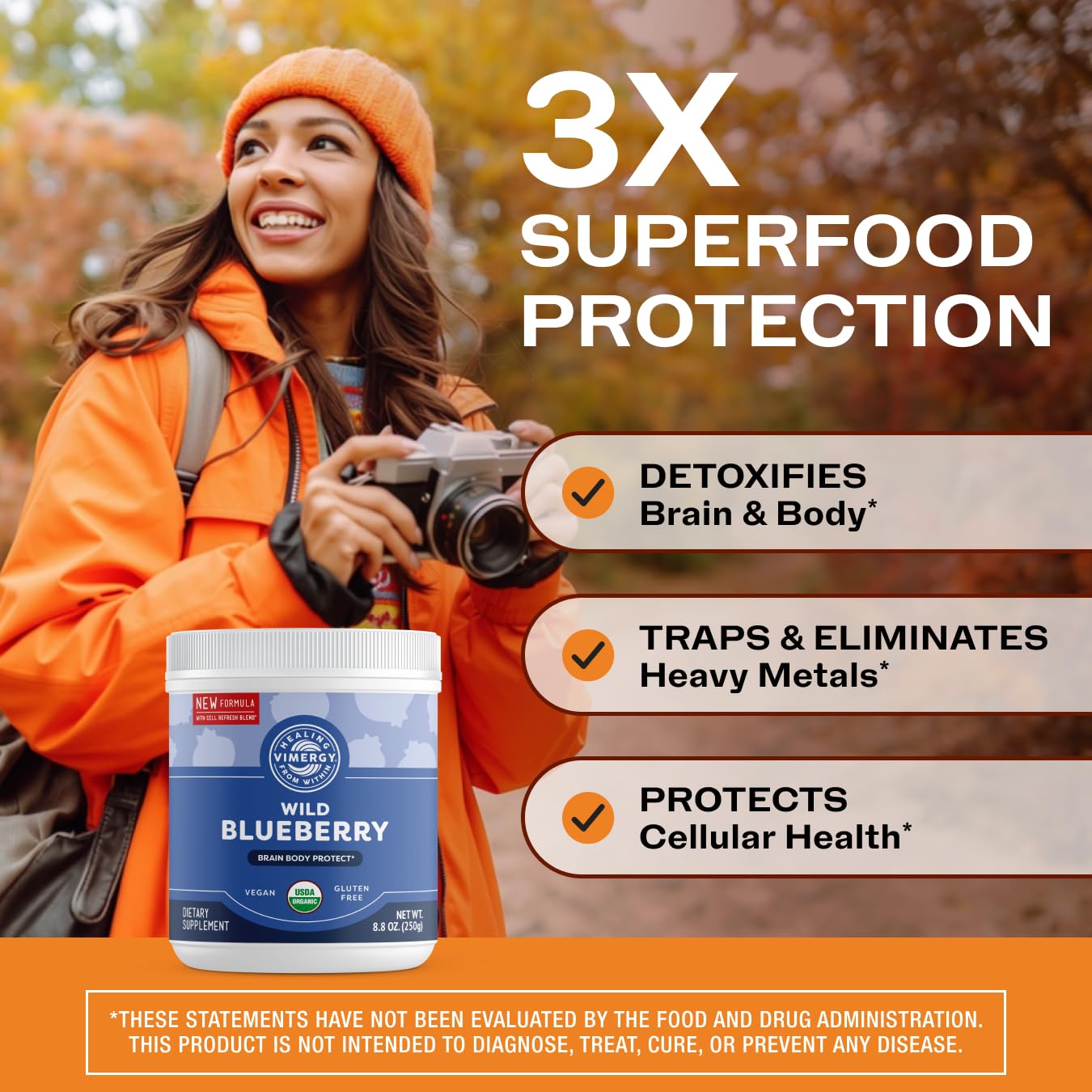 Vimergy Brain Body Protect wild blueberries close-up showcasing detox-ready formula with Cell-Refresh blend