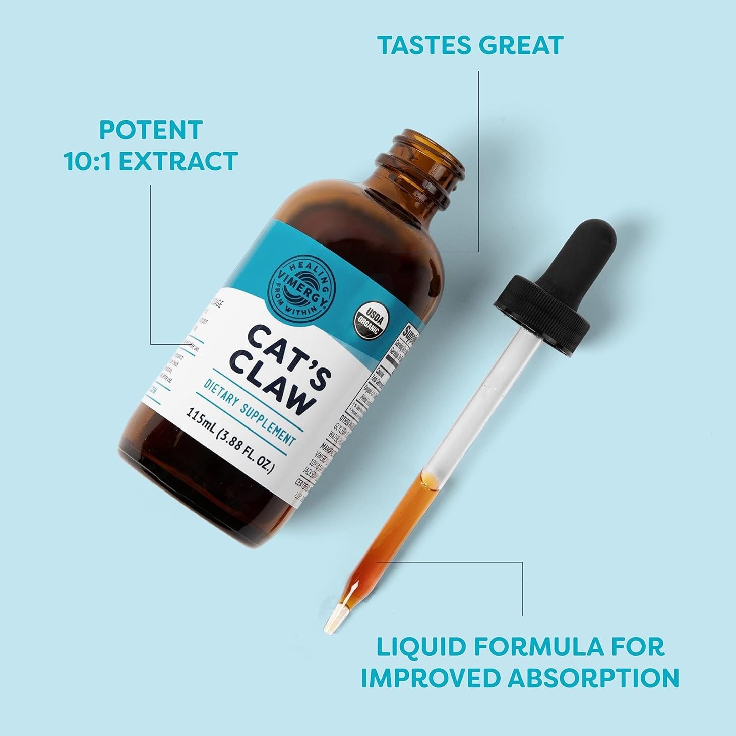 Vimergy Cat's Claw liquid dropper enables fast, alcohol-free dosing.