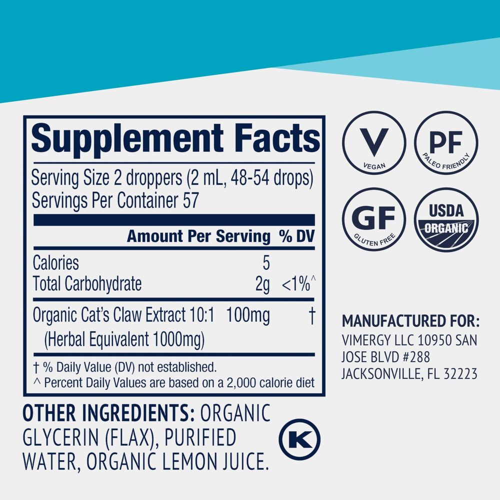 Vimergy Cat's Claw liquid label highlights organic, non-GMO ingredients.