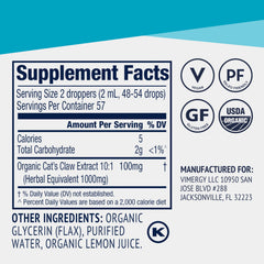 Vimergy Cat's Claw liquid label highlights organic, non-GMO ingredients.