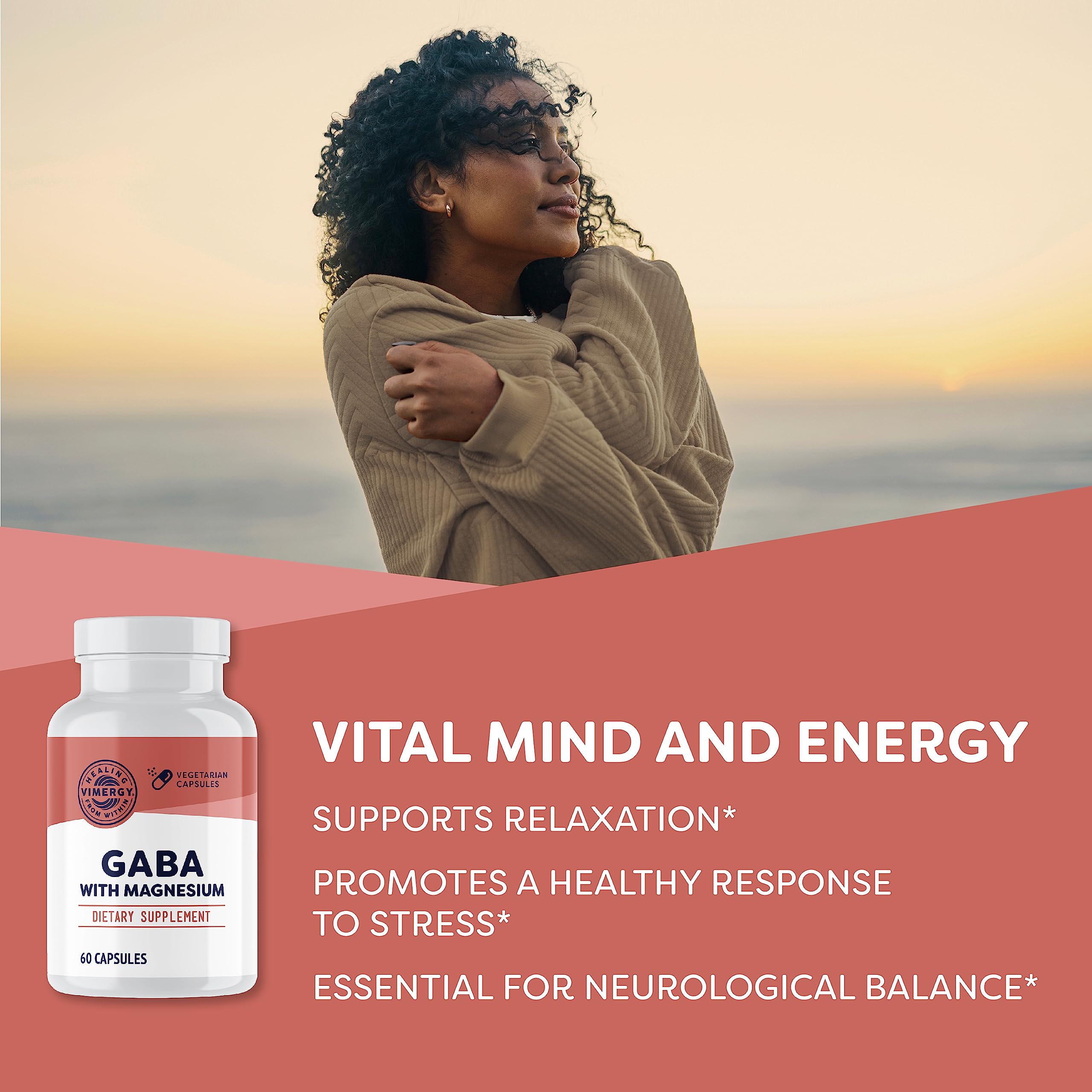 Vimergy GABA with Magnesium capsules close-up for daily calm.