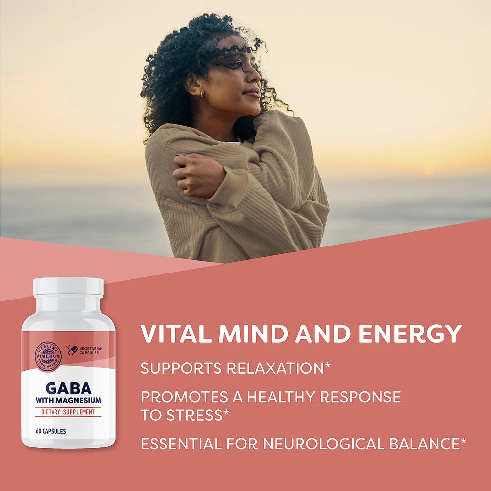 Vimergy GABA with Magnesium capsules close-up for daily calm.