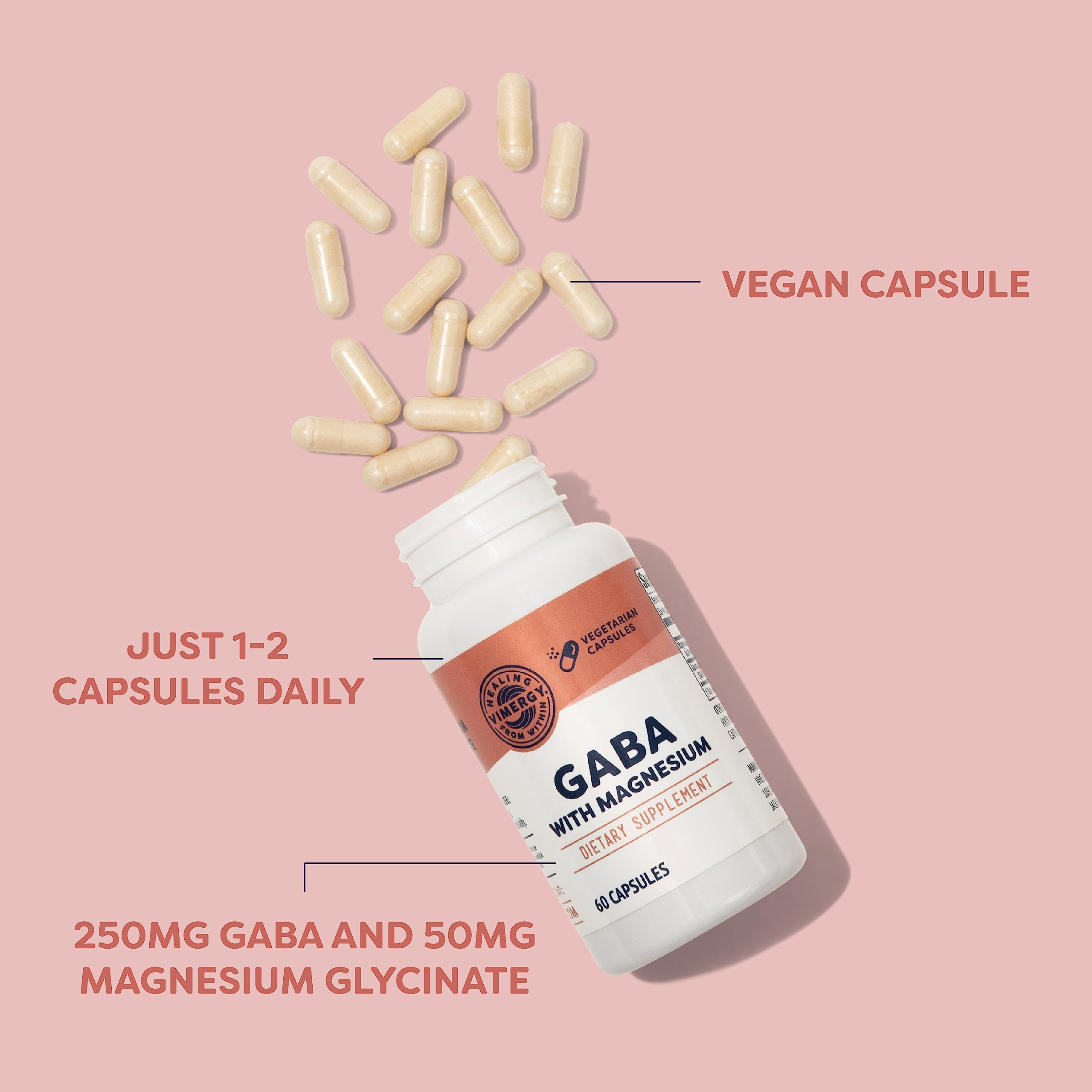 Vimergy GABA with Magnesium label close-up highlighting quality ingredients.
