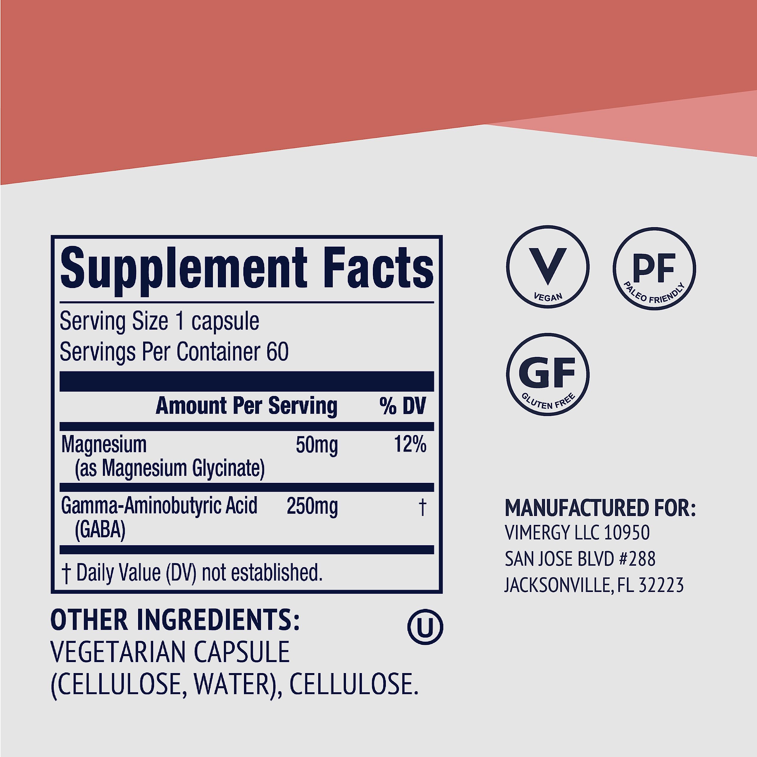 Vimergy GABA with Magnesium open bottle showing capsules for easy dosing.