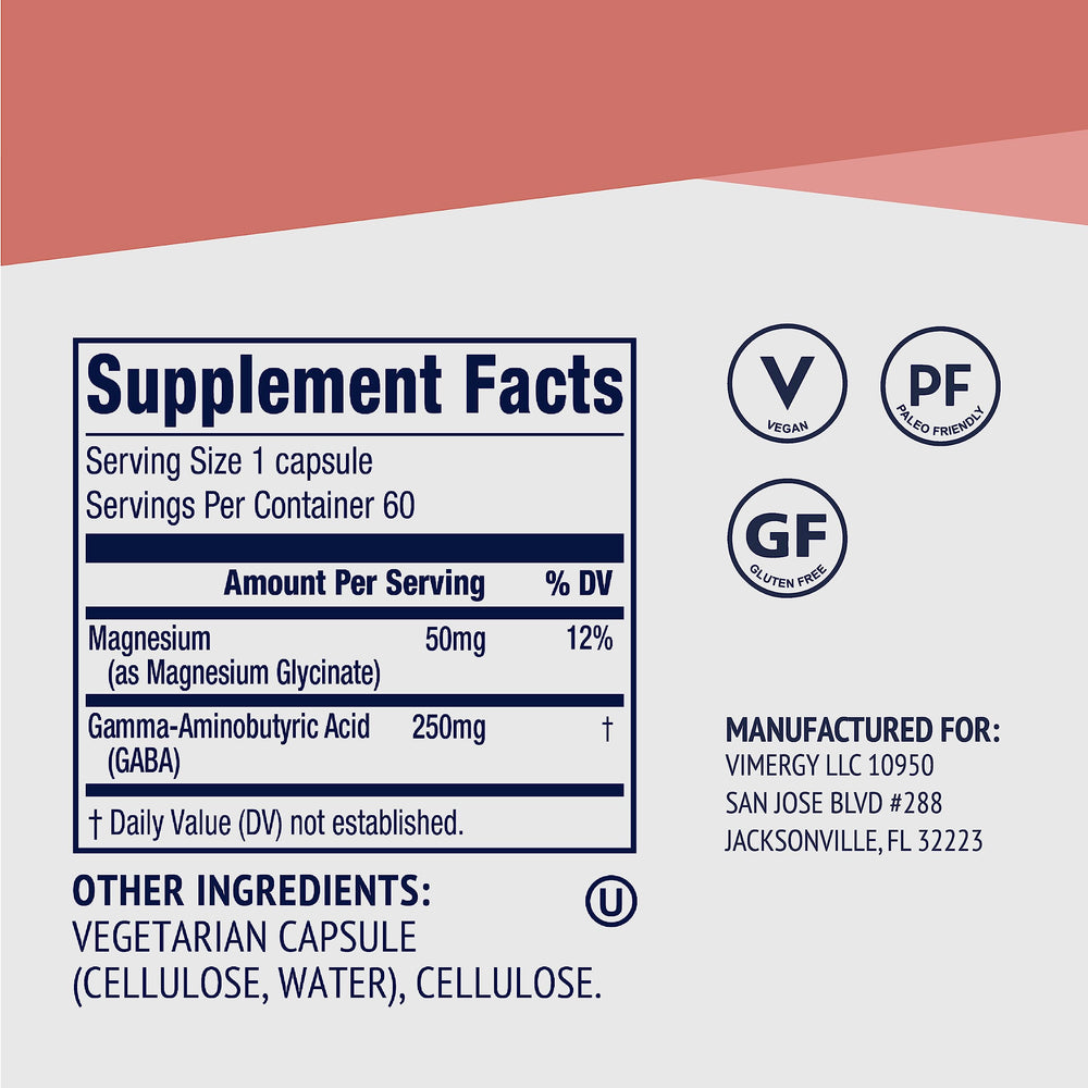 Vimergy GABA with Magnesium open bottle showing capsules for easy dosing.