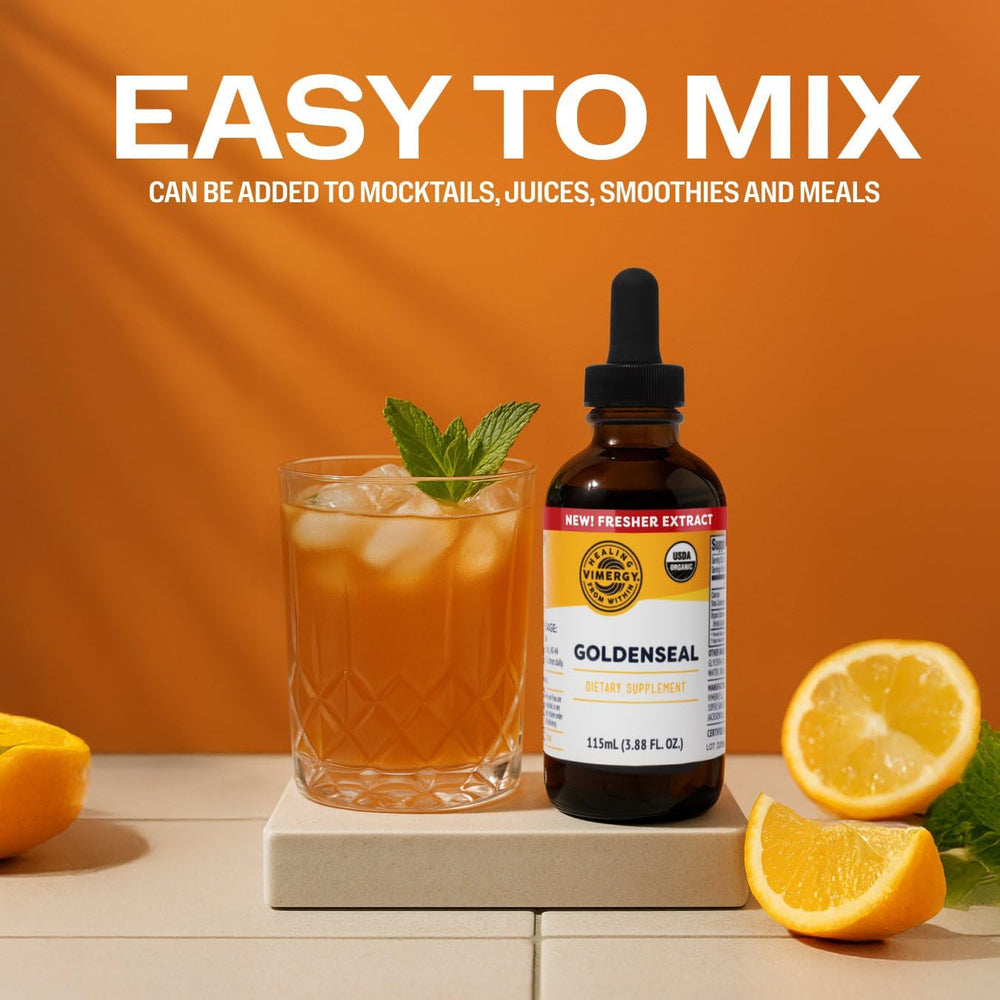 Vimergy Goldenseal tincture amber liquid in bottle.